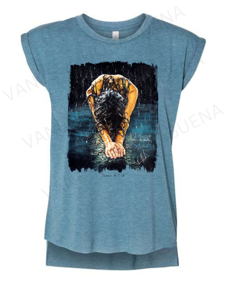 The Art of Surrender - Ladies Rolled Sleeve Muscle T-Shirt Poly-Blend Vanessa Horabuena Heather Teal Small