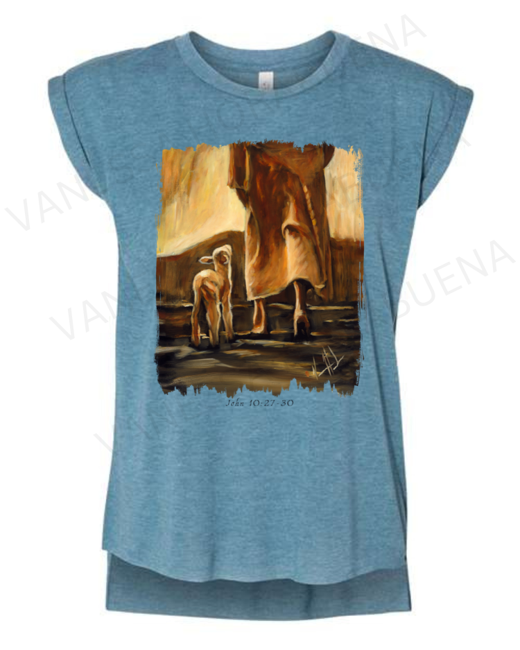 My Sheep Listen to My Voice - Fall Edition - Ladies Rolled Sleeve Muscle T-Shirt Poly-Blend Vanessa Horabuena Heather Teal Small
