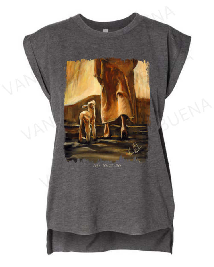 My Sheep Listen to My Voice - Fall Edition - Ladies Rolled Sleeve Muscle T-Shirt Poly-Blend Vanessa Horabuena Dark Grey Heather Small