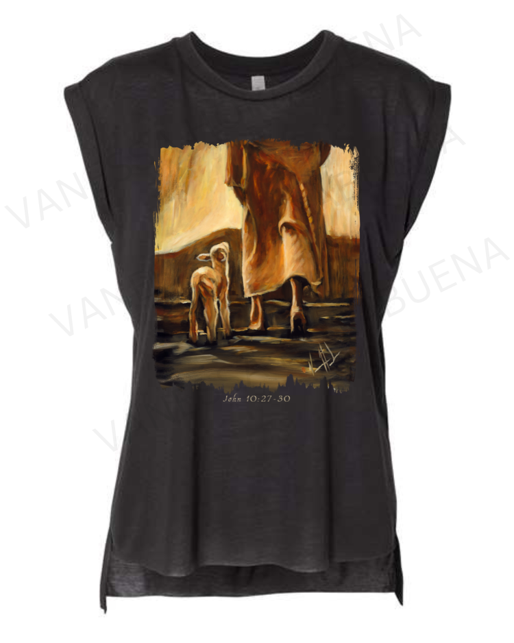 My Sheep Listen to My Voice - Fall Edition - Ladies Rolled Sleeve Muscle T-Shirt Poly-Blend Vanessa Horabuena Black Small