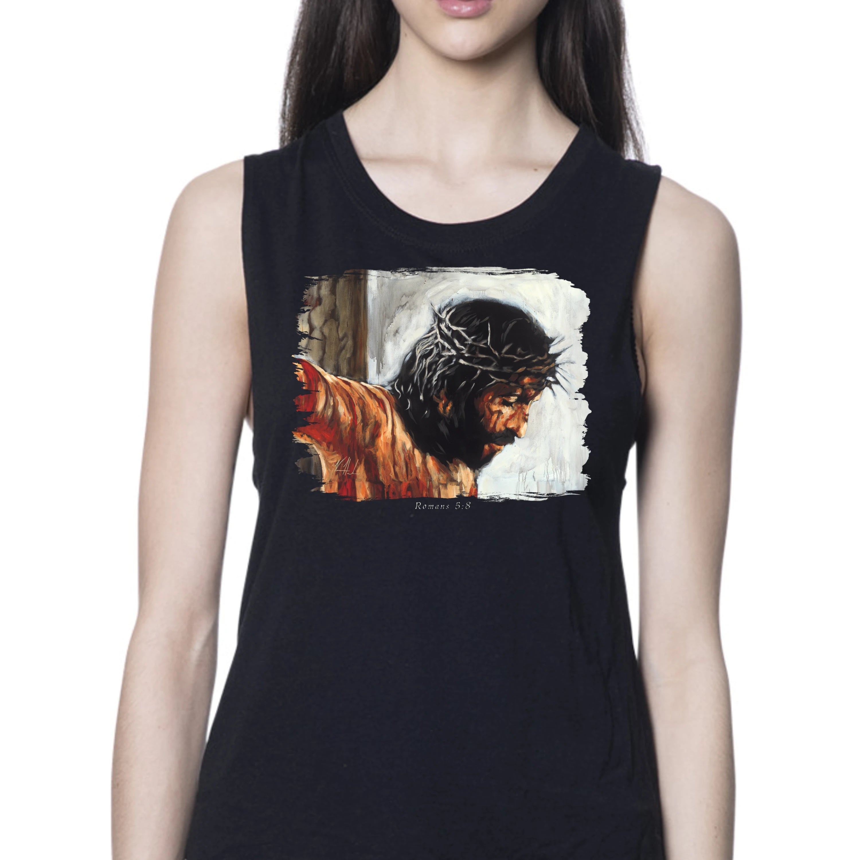 By His Wounds We Are Healed (White Background) - Women's Tank Top (Organic Bamboo) Organic Bamboo Vanessa Horabuena Short Sleeve Eclipse (Black) XS