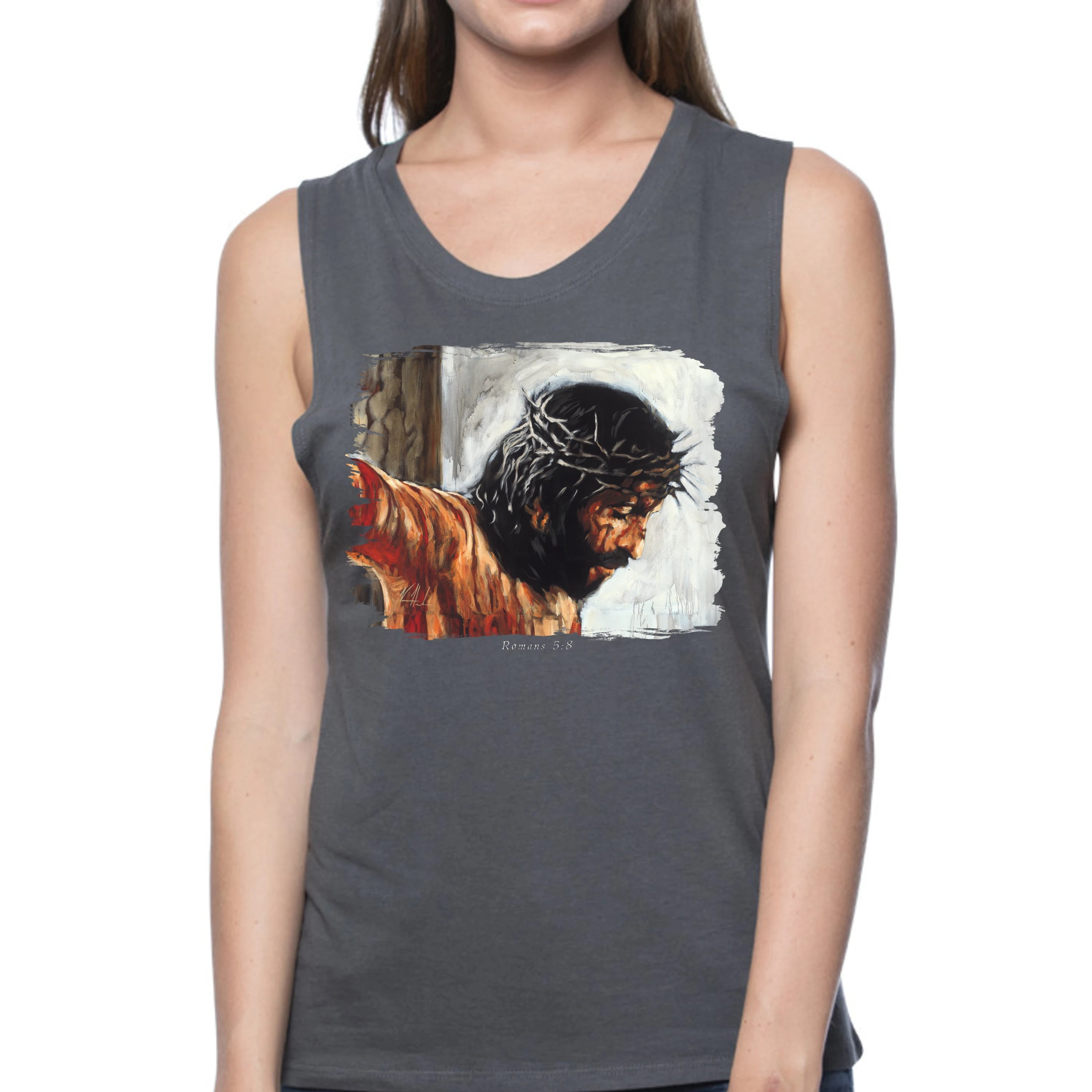 By His Wounds We Are Healed (White Background) - Women's Tank Top (Organic Bamboo) Organic Bamboo Vanessa Horabuena Short Sleeve Pewter (Grey) XS