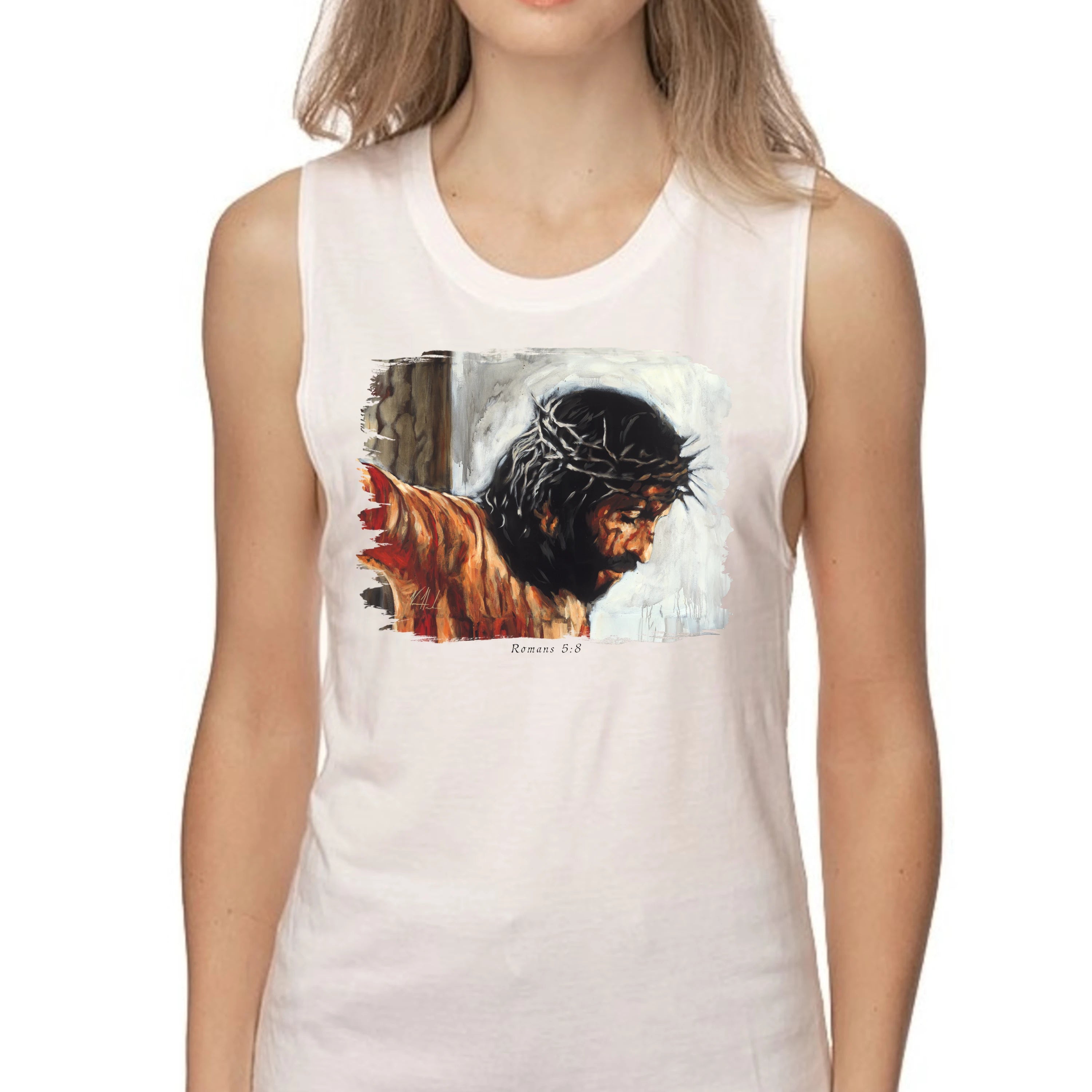 By His Wounds We Are Healed (White Background) - Women's Tank Top (Organic Bamboo) Organic Bamboo Vanessa Horabuena Short Sleeve Frost (White) XS