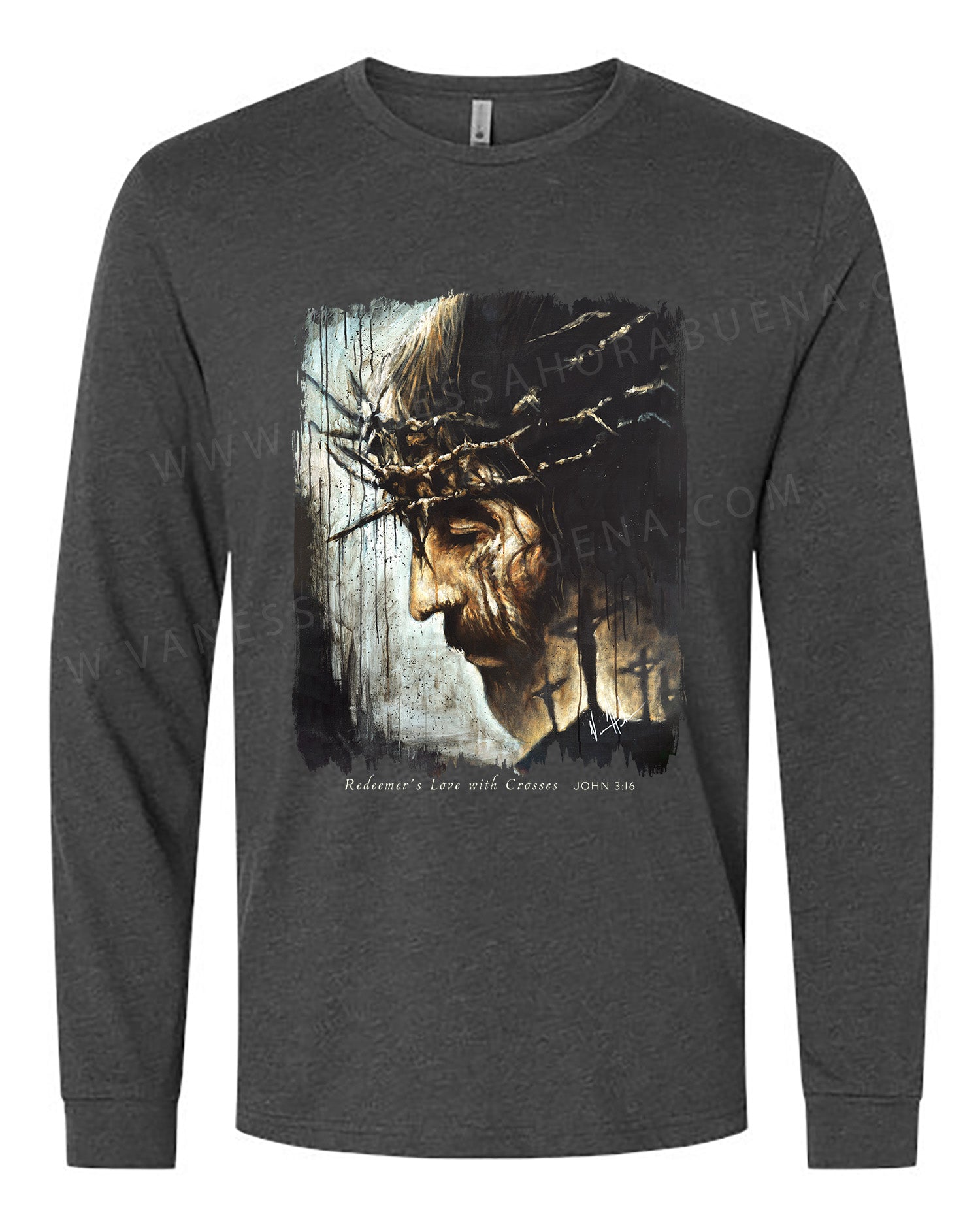 Redeemer's Love with Crosses - Unisex T-Shirt Poly-Blend Vanessa Horabuena Long Sleeve Charcoal Small