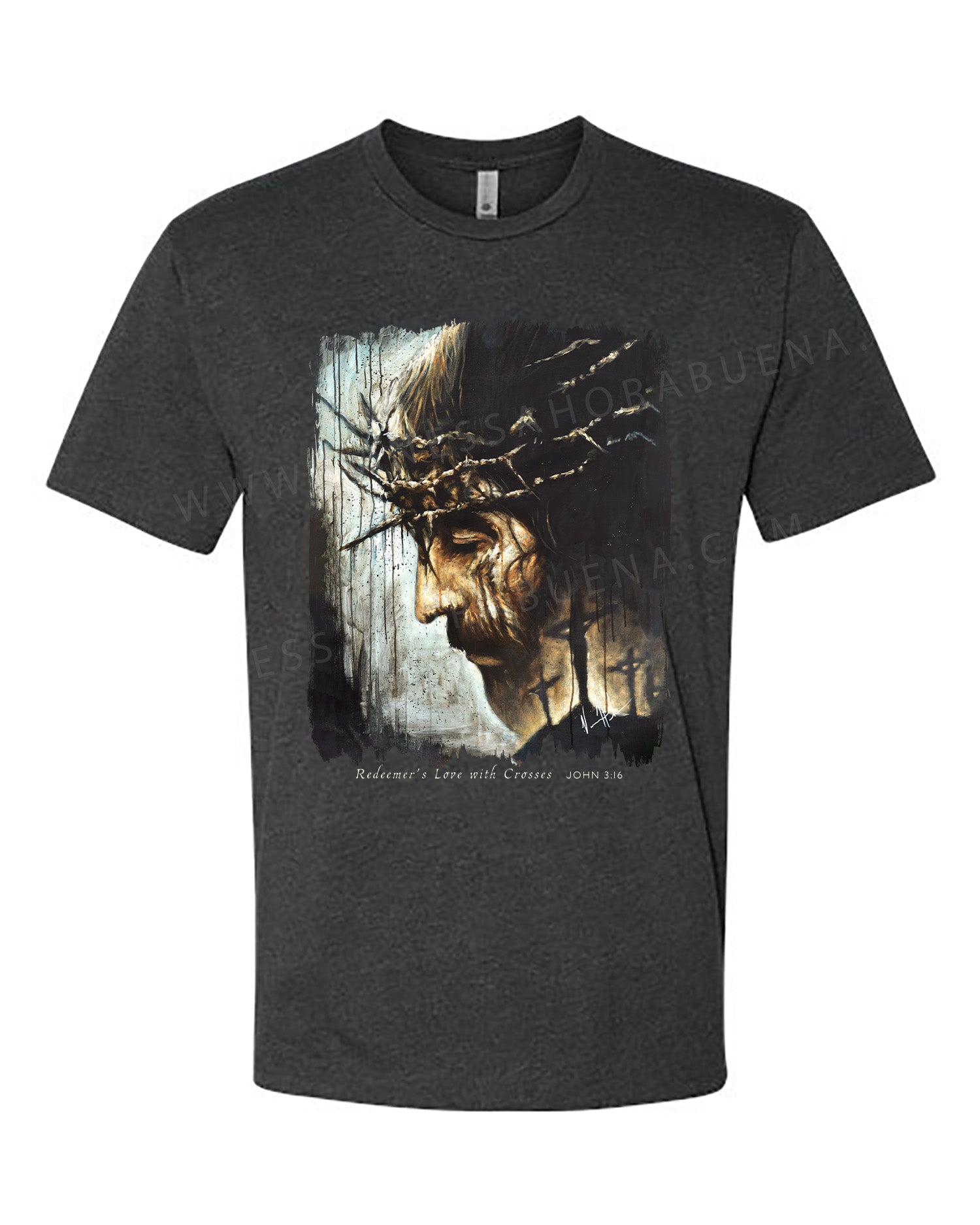 Redeemer's Love with Crosses - Unisex T-Shirt Poly-Blend Vanessa Horabuena Short Sleeve Charcoal Small