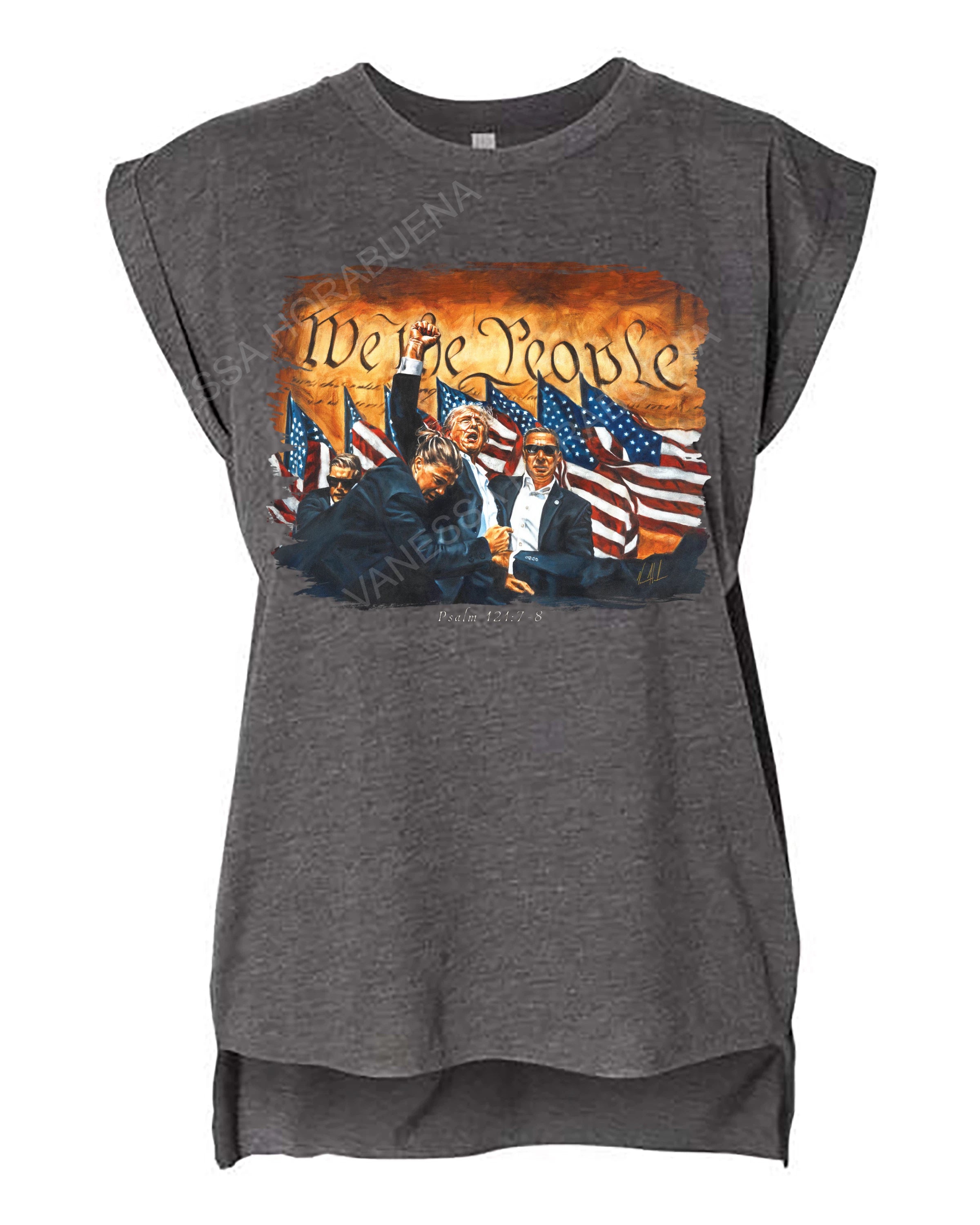 Fight For America - Ladies Rolled Sleeve Muscle T-Shirt Poly-Blend Vanessa Horabuena Dark Grey Heather Small