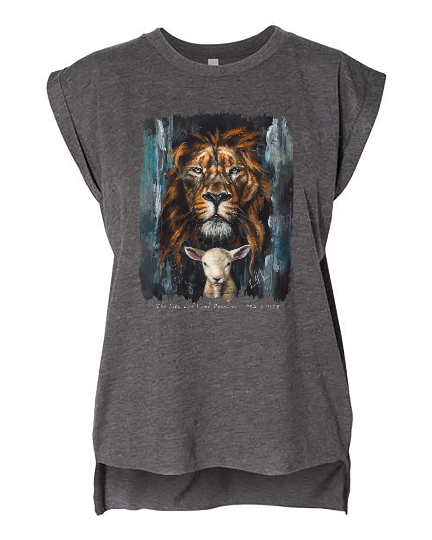 The Lion and Lamb Passover - Ladies Rolled Sleeve Muscle T-Shirt Poly-Blend Vanessa Horabuena Dark Grey Heather Small