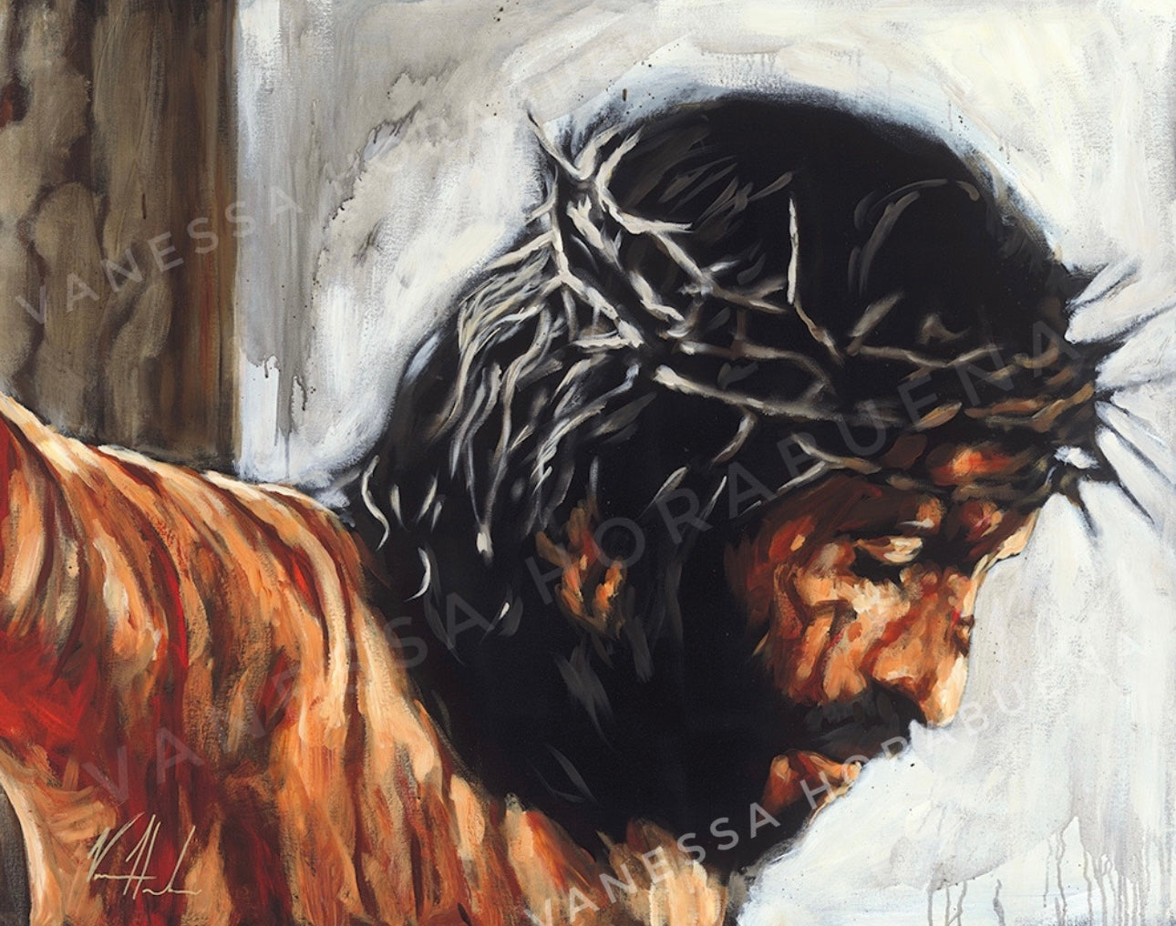 By His Wounds, We Are Healed - White Background (Hand Embellished Canvas Print) Jesus Art Print Vanessa Horabuena