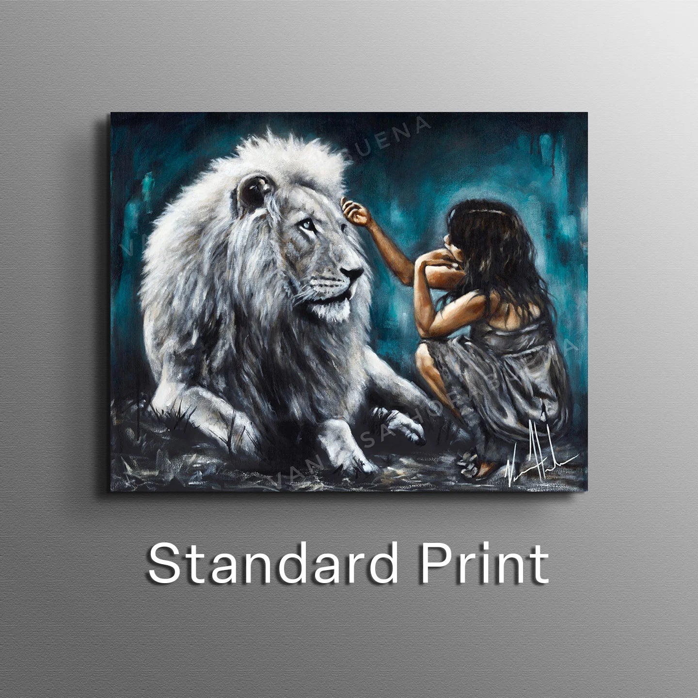 Intimacy with God (Blue Background) Women's Art Print, Lion Art Print Vanessa Horabuena