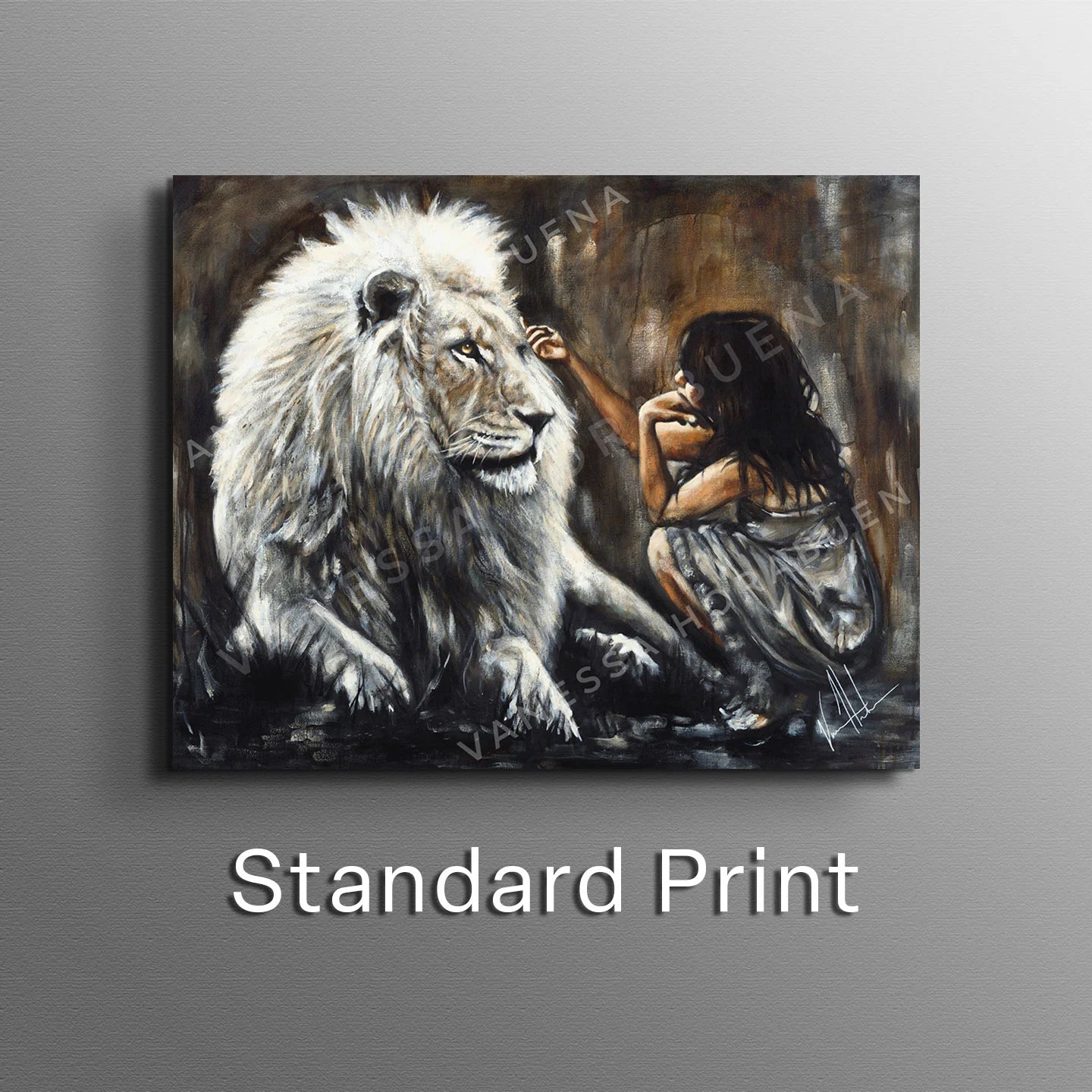 Intimacy with God - Brown Background Women's Art Print, Lion Art Print Vanessa Horabuena