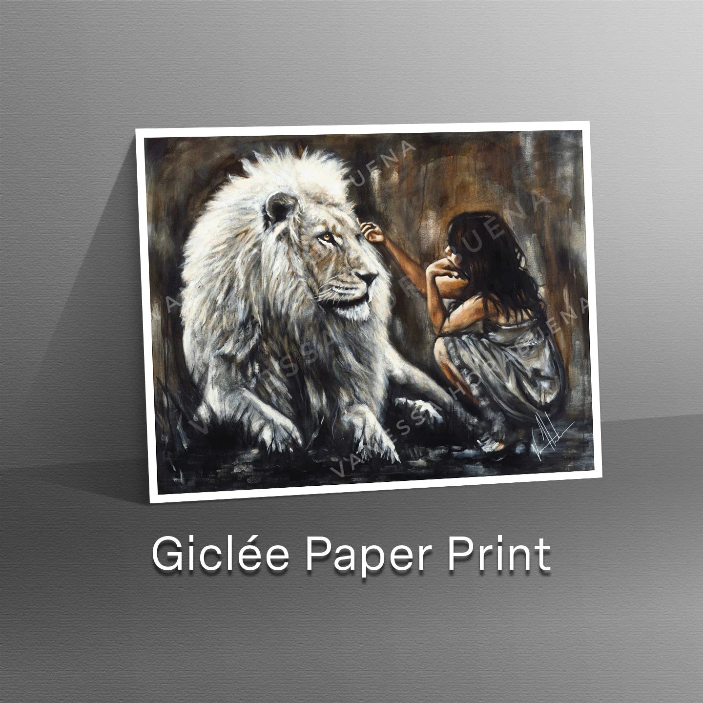 Intimacy with God - Brown Background Women's Art Print, Lion Art Print Vanessa Horabuena