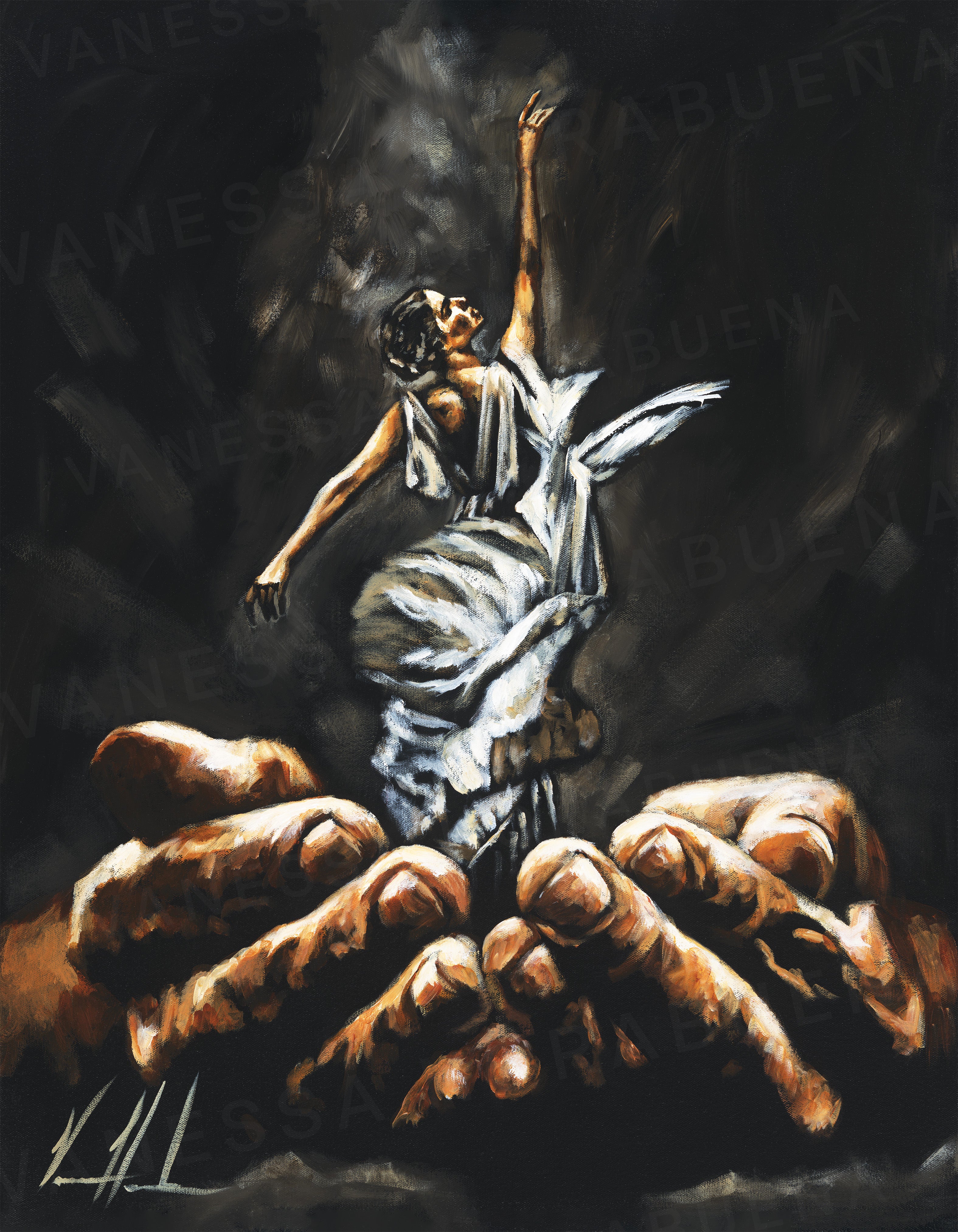 Endless Dance in the Father’s Hands - Black Background Women's Art Print Vanessa Horabuena