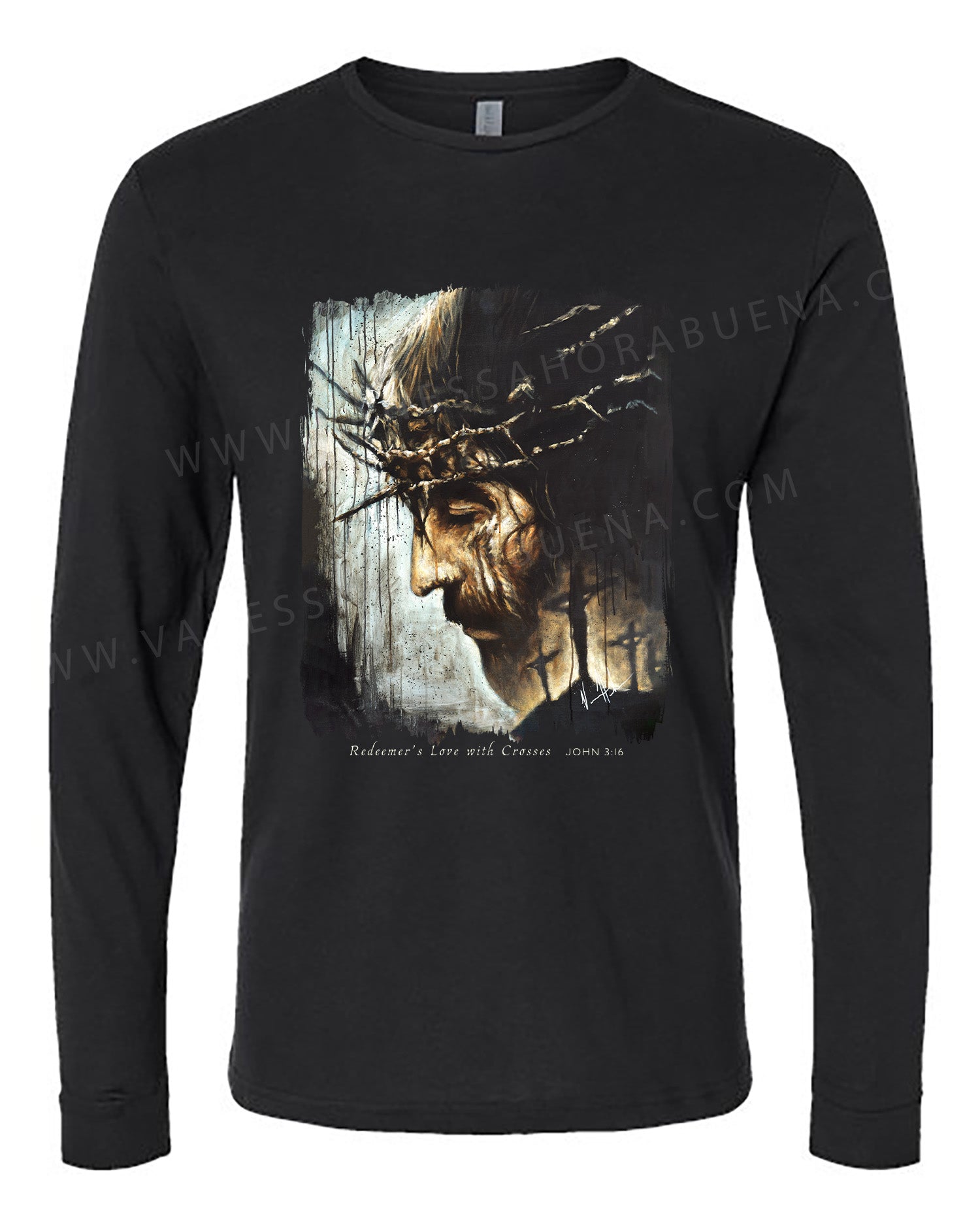Redeemer's Love with Crosses - Unisex T-Shirt Poly-Blend Vanessa Horabuena Long Sleeve Black Small