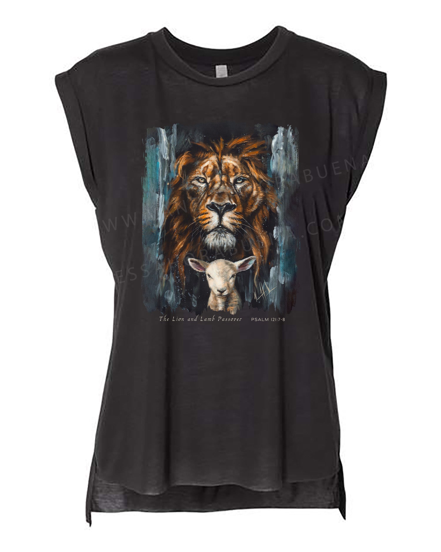 The Lion and Lamb Passover - Ladies Rolled Sleeve Muscle T-Shirt Poly-Blend Vanessa Horabuena Black Small