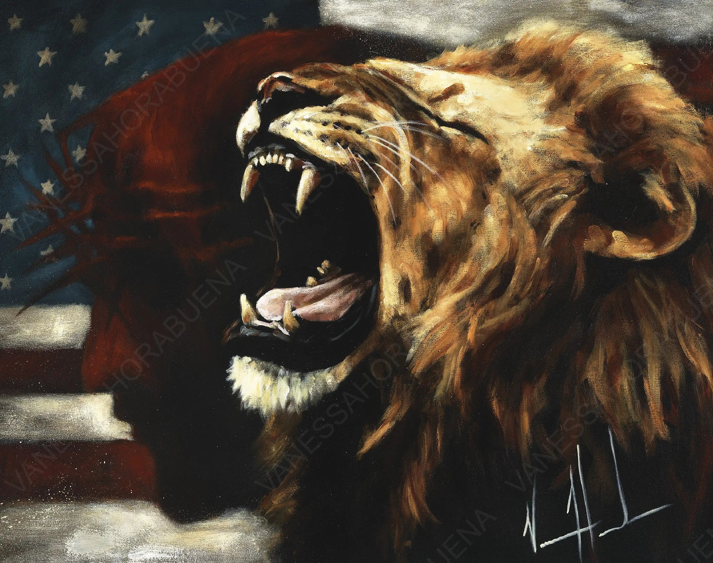 Return of a Nation - RE-DESIGNED! (Hand Embellishment Canvas Print) Lion Art Print, Patriotic Art Print Vanessa Horabuena
