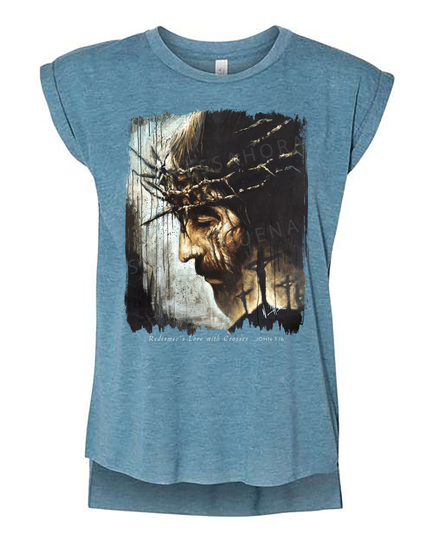 Redeemer's Love with Crosses - Ladies Rolled Sleeve Muscle T-Shirt Poly-Blend Vanessa Horabuena Heather Teal Small