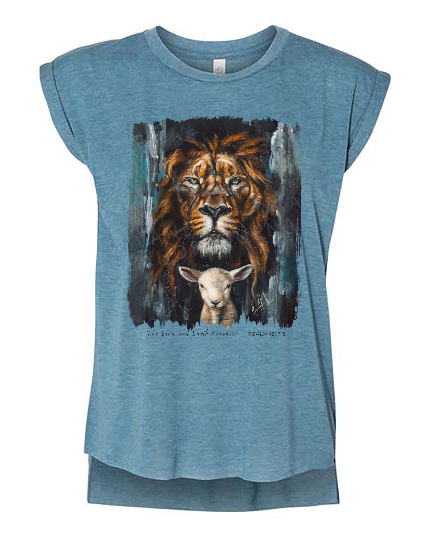 The Lion and Lamb Passover - Ladies Rolled Sleeve Muscle T-Shirt Poly-Blend Vanessa Horabuena Heather Teal Small