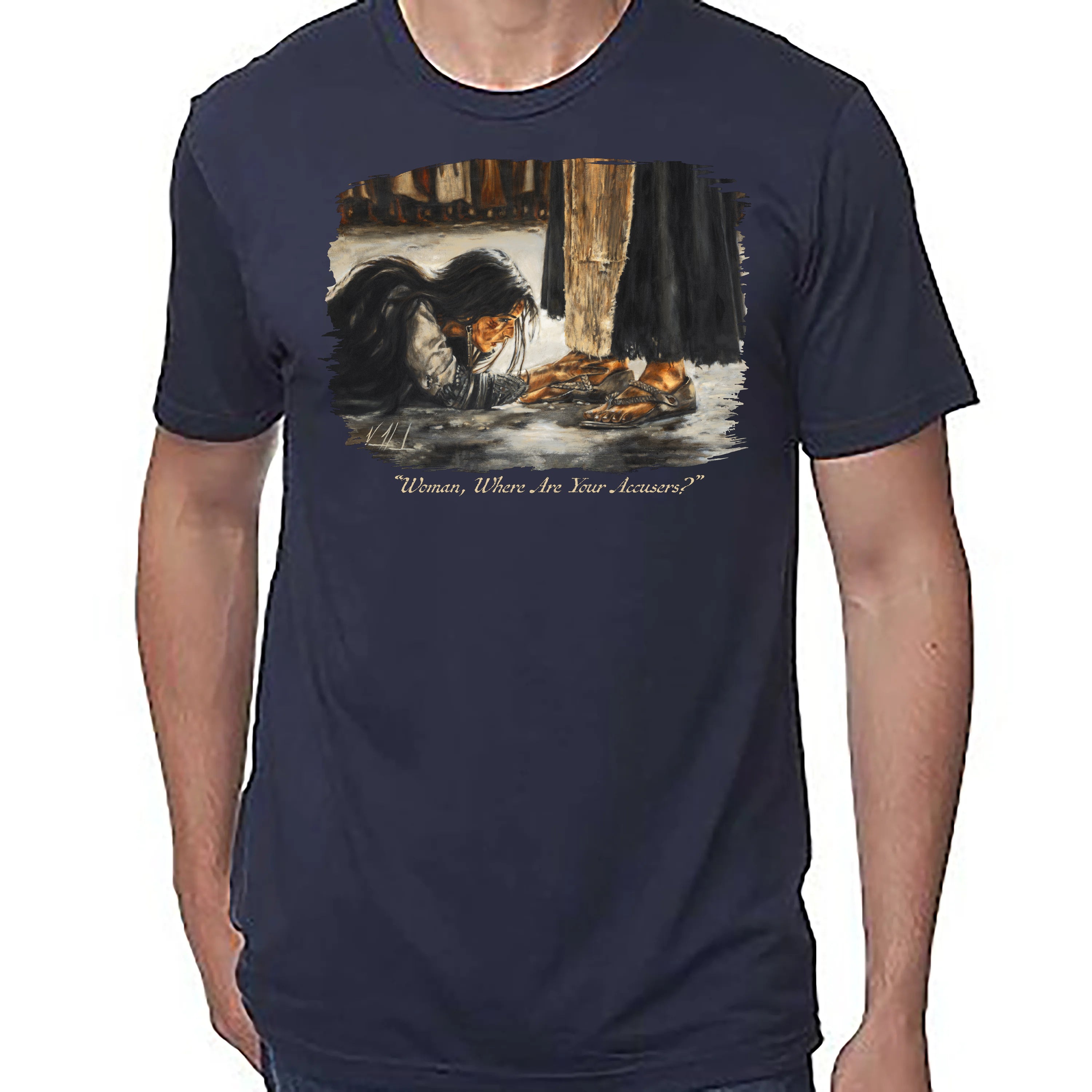 Woman, Where Are Your Accusers? - Unisex T (Premium Organic Fabric) Vanessa Horabuena Bamboo Midnight Blue Small