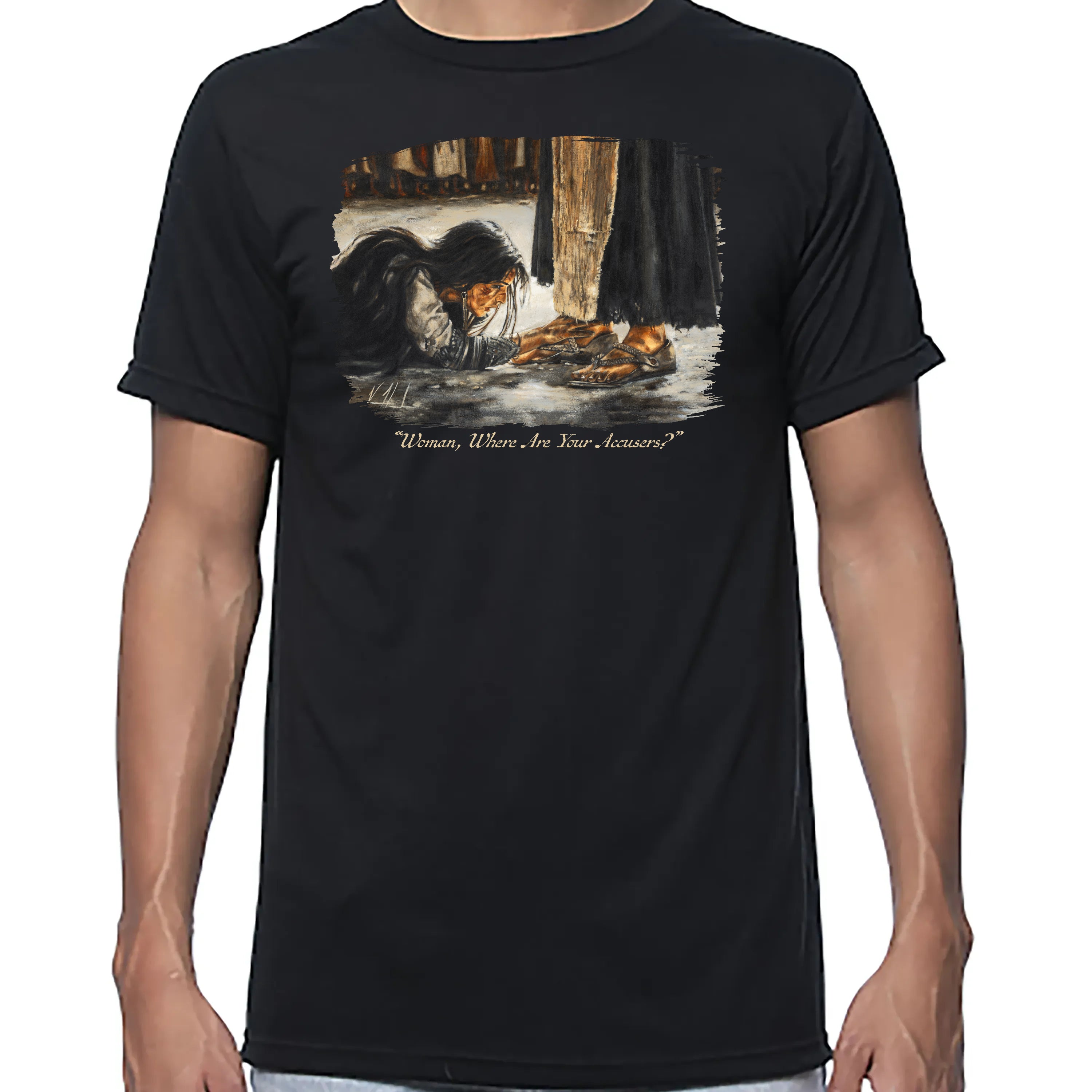 Woman, Where Are Your Accusers? - Unisex T (Premium Organic Fabric) Vanessa Horabuena Bamboo Black Small