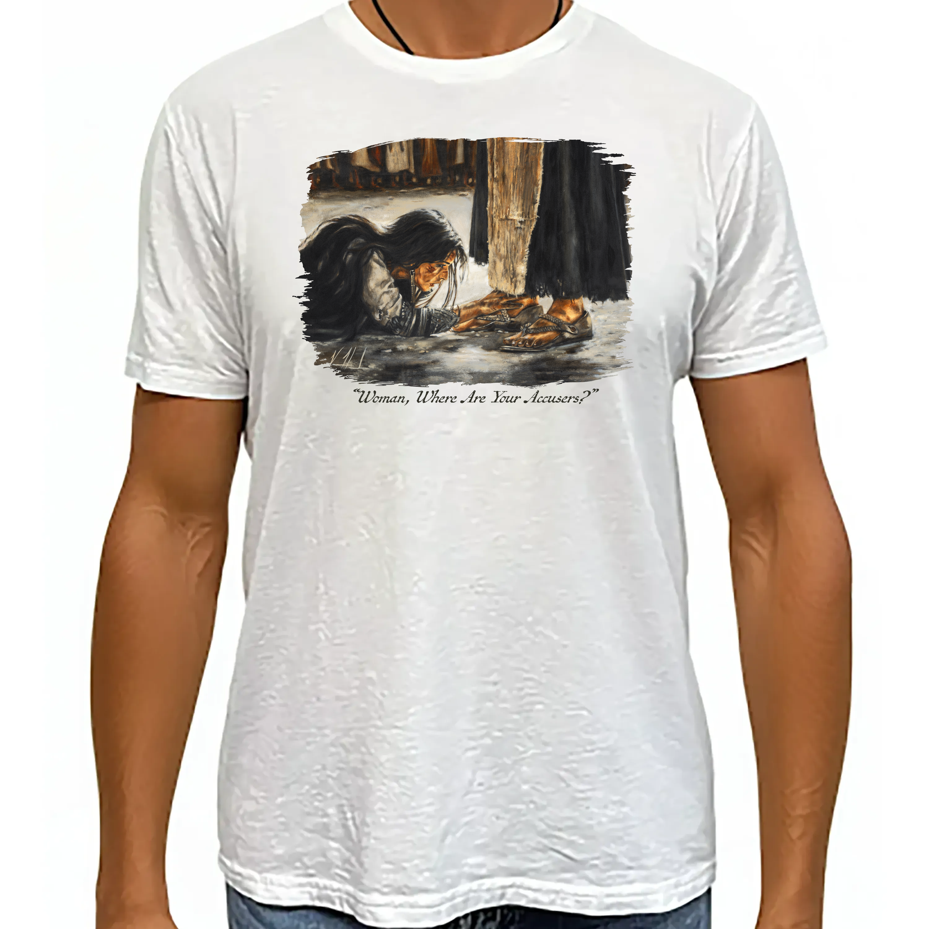 Woman, Where Are Your Accusers? - Unisex T (Premium Organic Fabric) Vanessa Horabuena Bamboo White Small