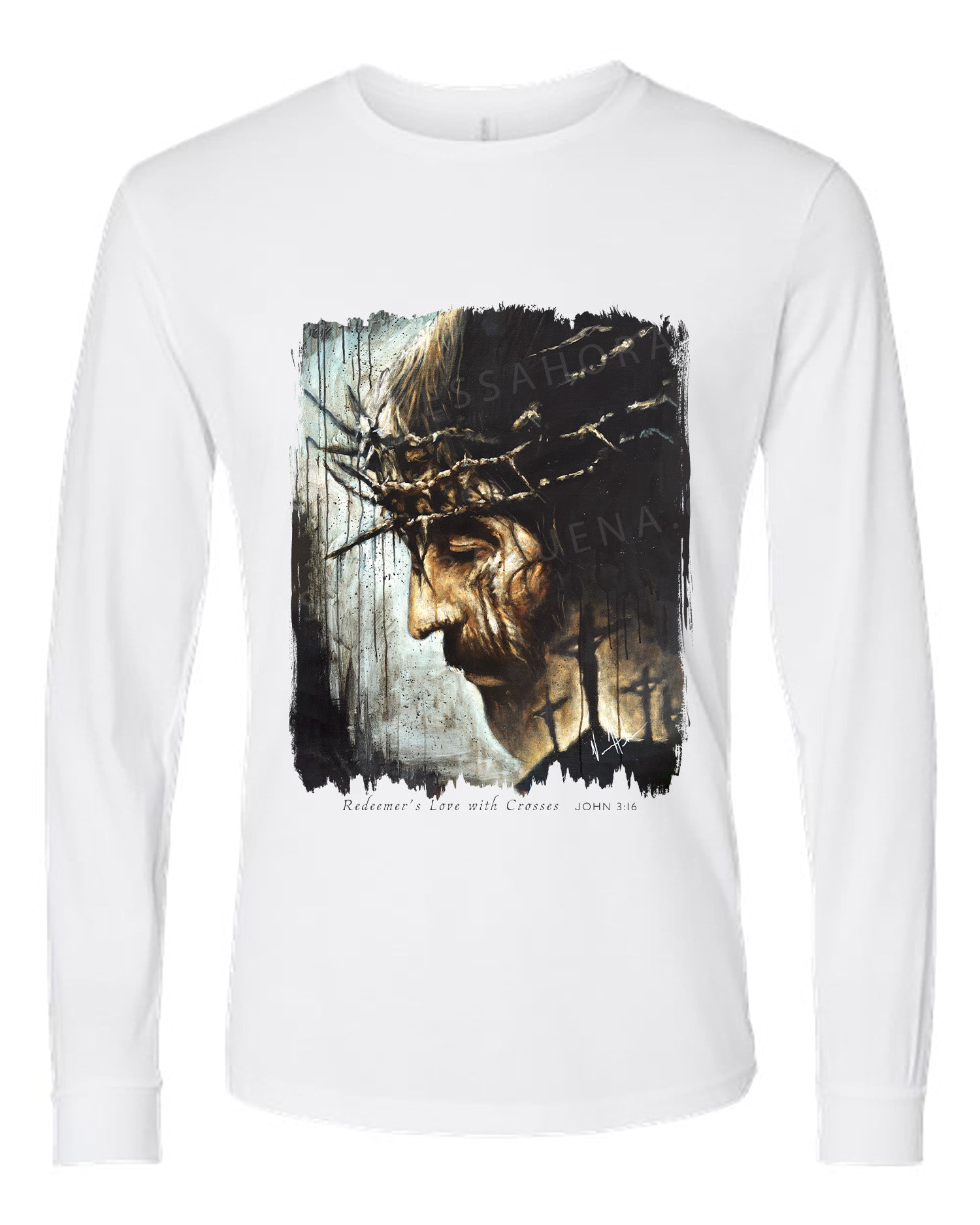 Redeemer's Love with Crosses - Unisex T-Shirt Poly-Blend Vanessa Horabuena Long Sleeve White Small