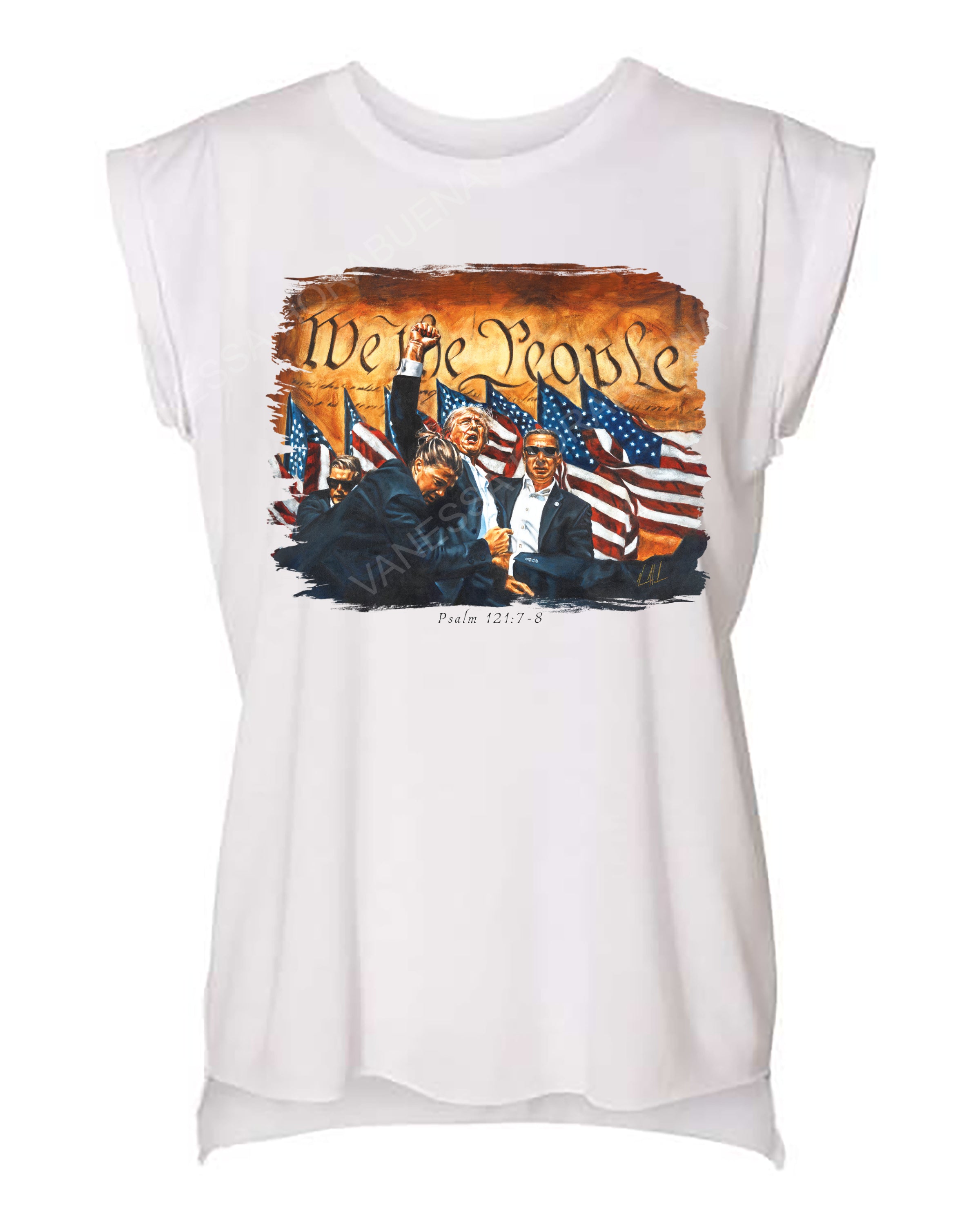 Fight For America - Ladies Rolled Sleeve Muscle T-Shirt Poly-Blend Vanessa Horabuena White Small