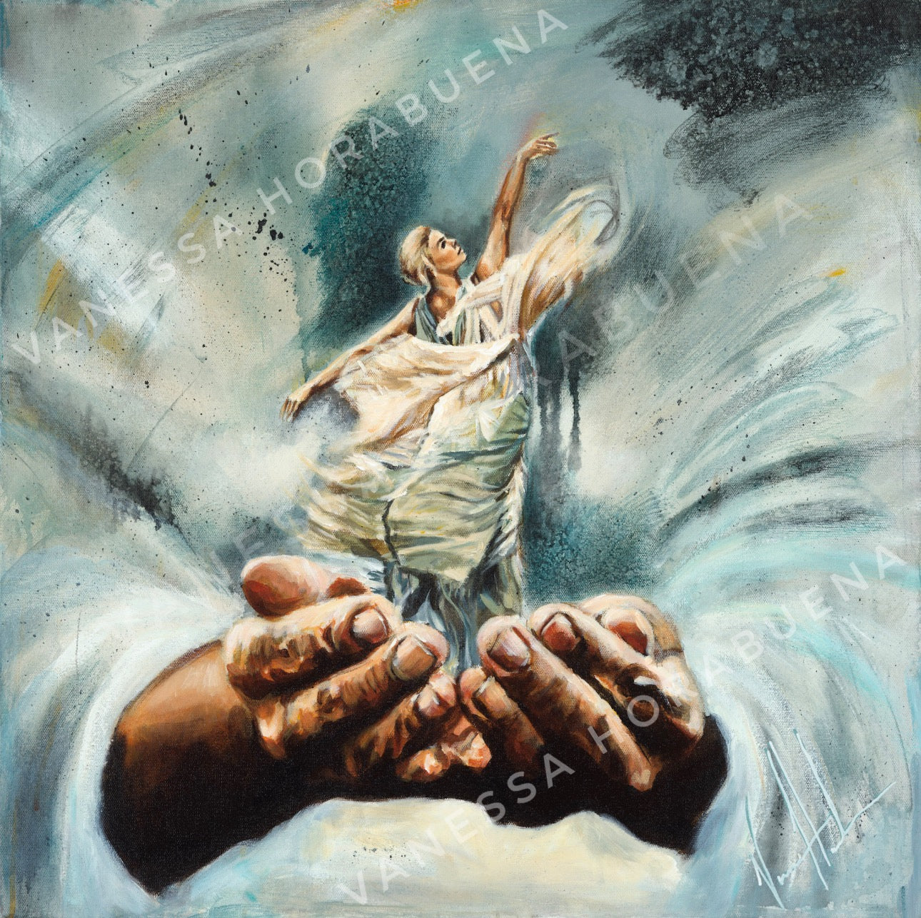 Endless Dance in the Father’s Hands - Blonde Version (Hand Embellished Canvas Print) Women's Art Print Vanessa Horabuena