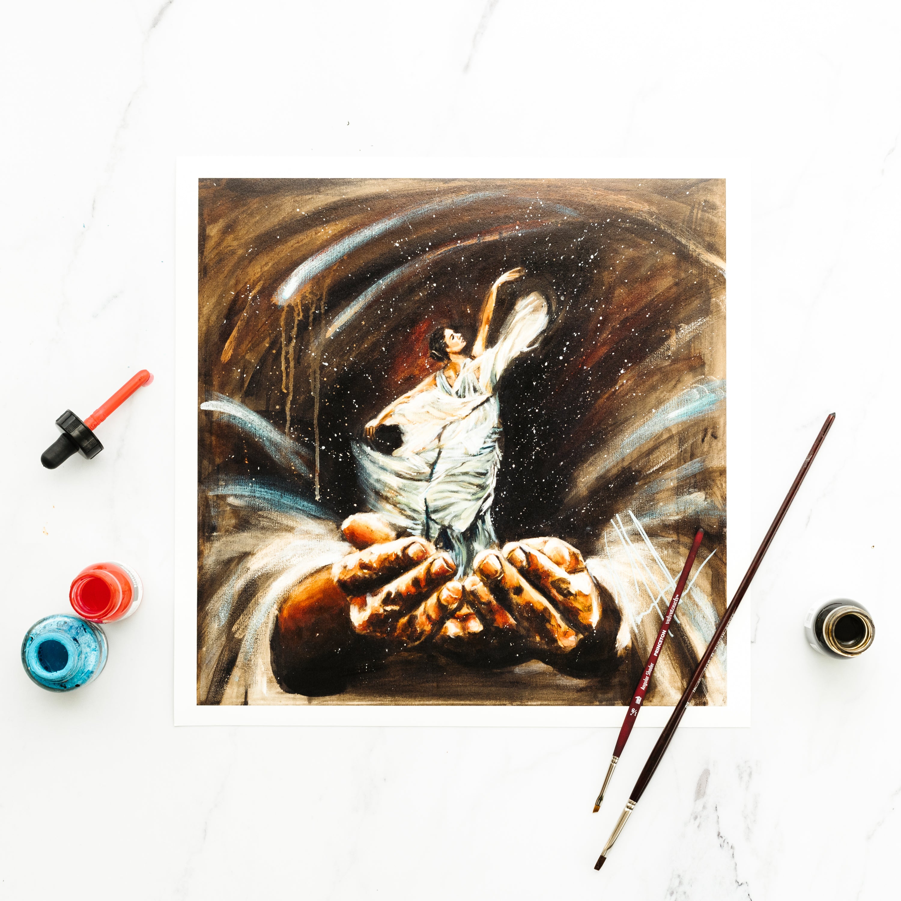 Endless Dance in the Father’s Hands - Brunette Version (Hand Embellished Canvas Print) Women's Art Print Vanessa Horabuena