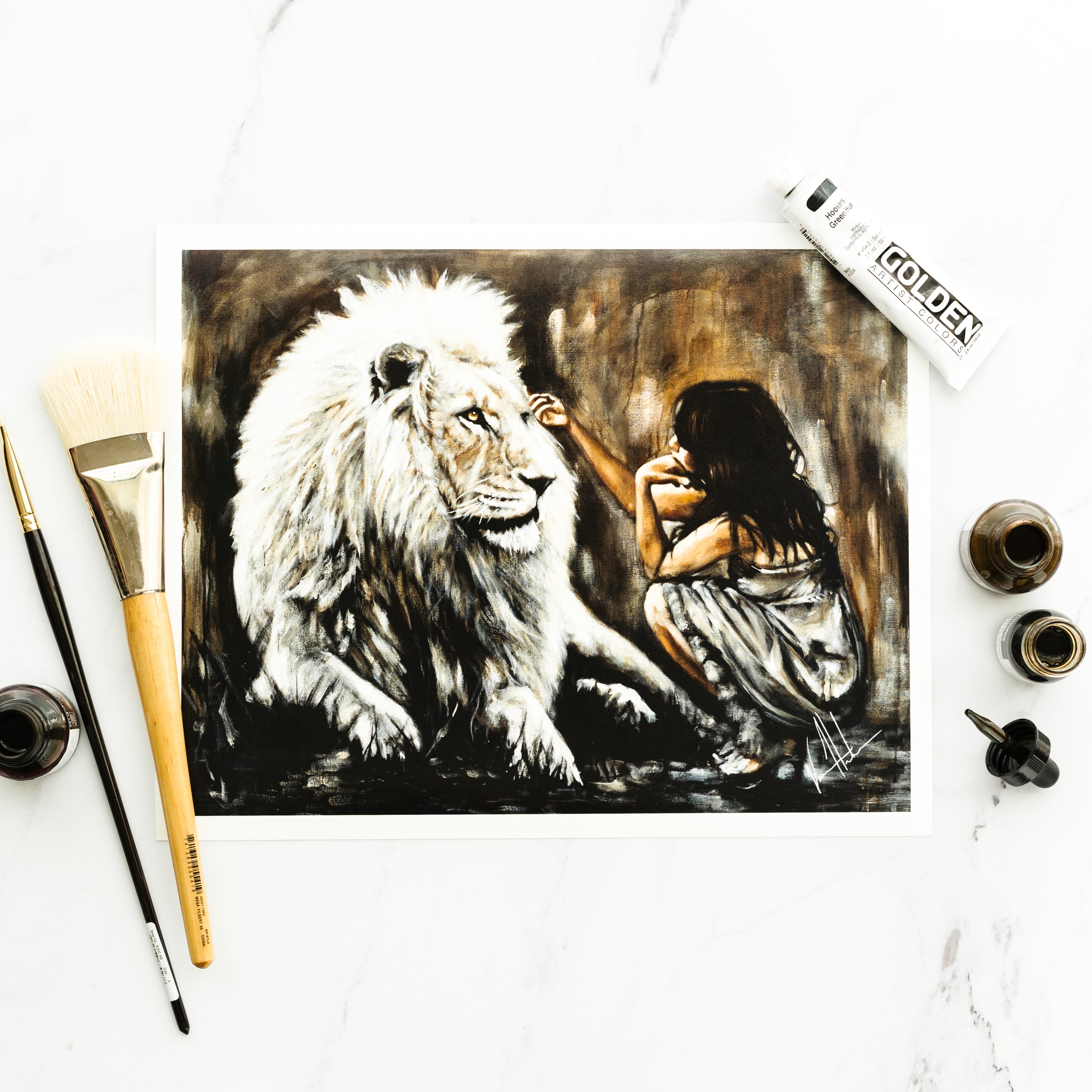 Intimacy with God - Brown Background (Hand Embellished Canvas Print) Women's Art Print, Lion Art Print Vanessa Horabuena