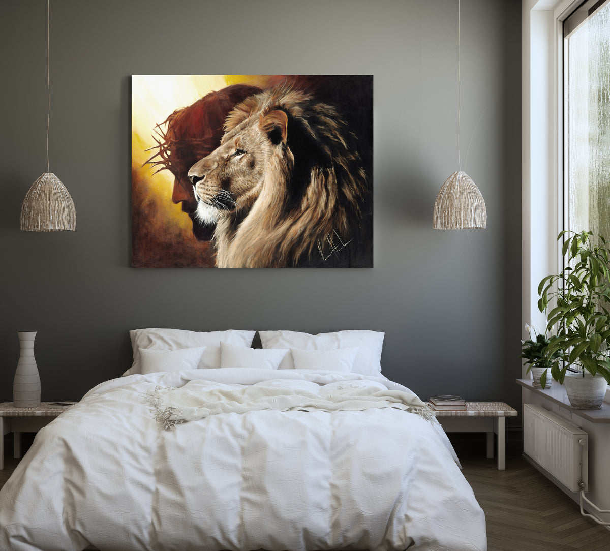 The Lion of Judah Painting hanging on a wall above a bed
