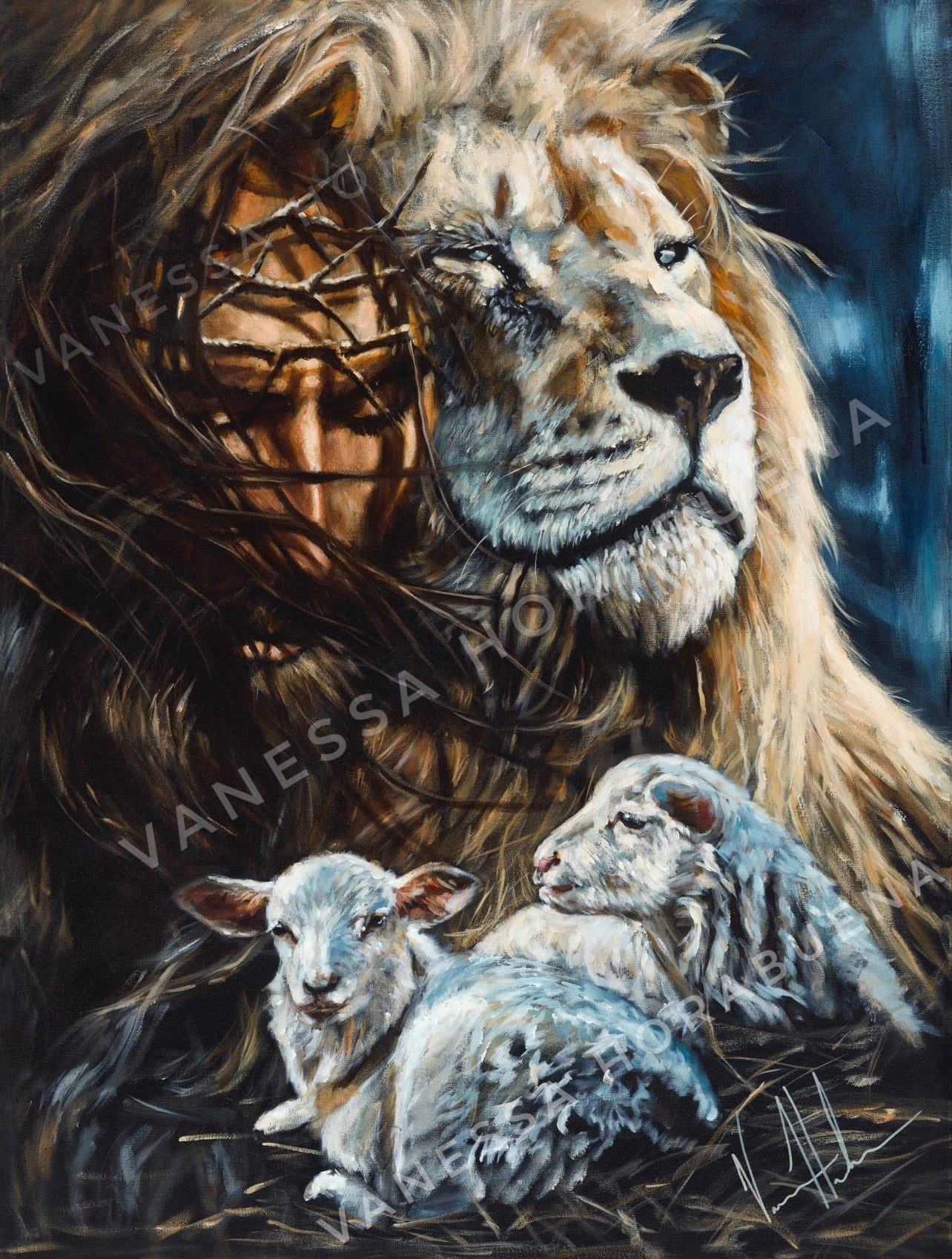 King and Shepherd (Hand Embellished Canvas Print) Lion Art Print, Jesus Art Print Vanessa Horabuena