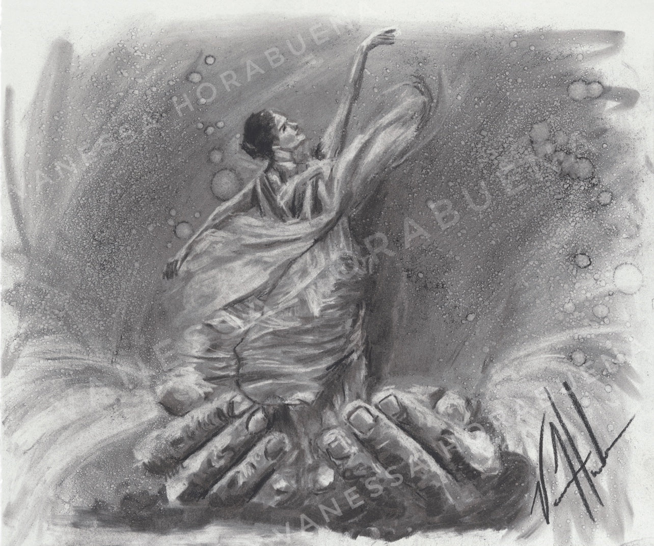 Endless Dance in the Father’s Hands (Sketch)(Hand Embellished Canvas Print) Women's Art Print Vanessa Horabuena