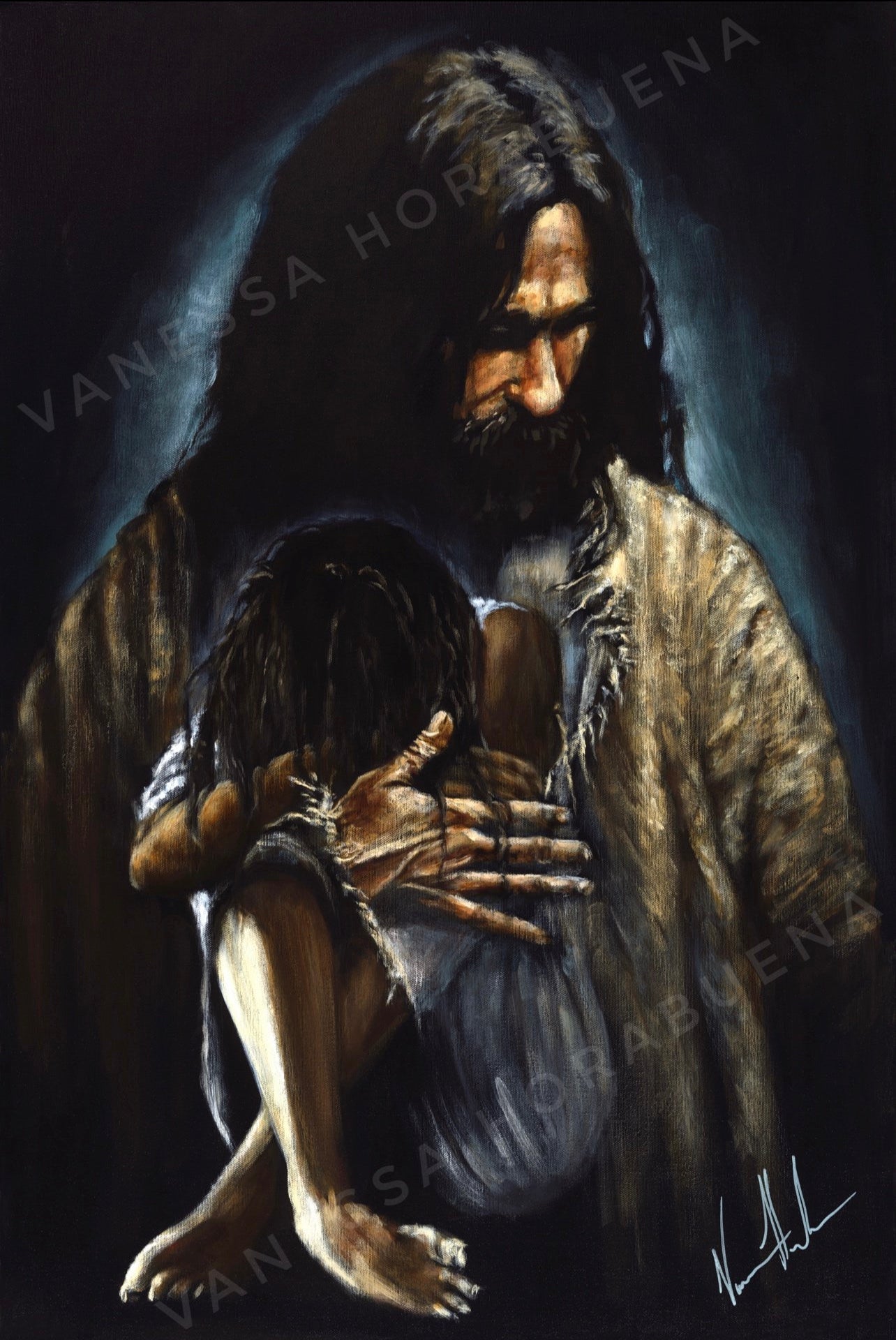Close To His Heart (Hand Embellished Canvas Print) Women's Art Print, Jesus Art Print Vanessa Horabuena