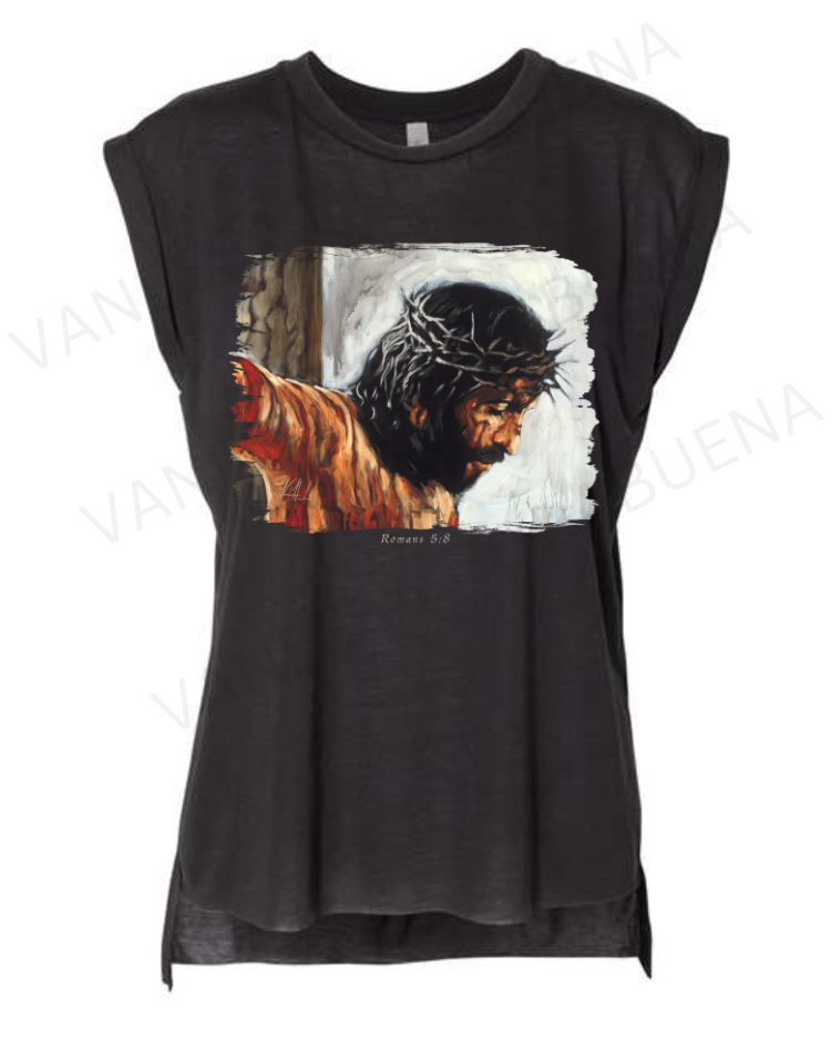 By His Wounds We Are Healed (White Background) - Ladies Rolled Sleeve Muscle T-Shirt Poly-Blend Vanessa Horabuena Black Small