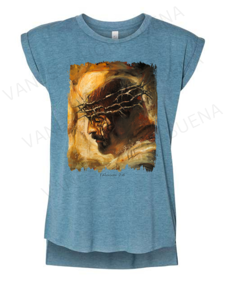 King of Glory - Ladies Rolled Sleeve Muscle T-Shirt Poly-Blend Vanessa Horabuena Heather Teal Small