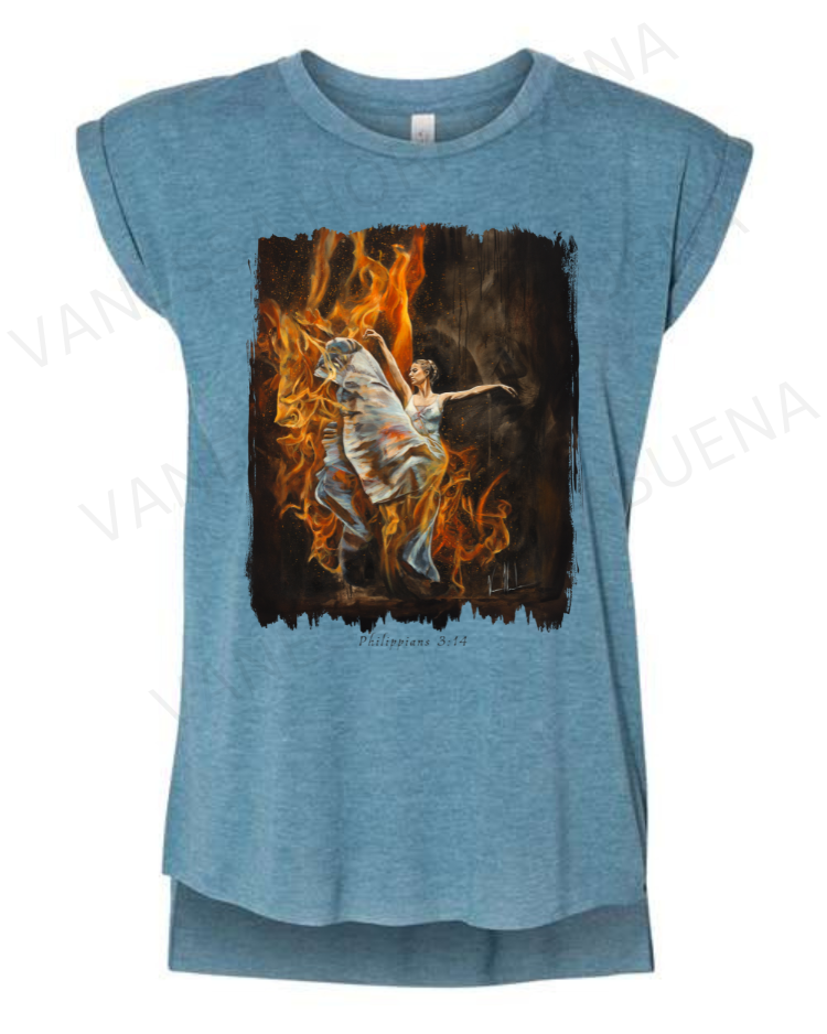 A Burning Flame Within - Ladies Rolled Sleeve Muscle T-Shirt Vanessa Horabuena Heather Teal Small