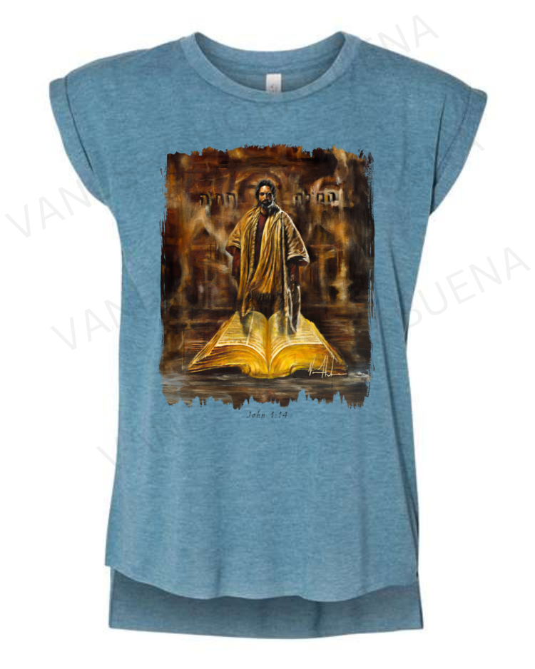 The Living Word - Ladies Rolled Sleeve Muscle T-Shirt Poly-Blend Vanessa Horabuena Heather Teal Small