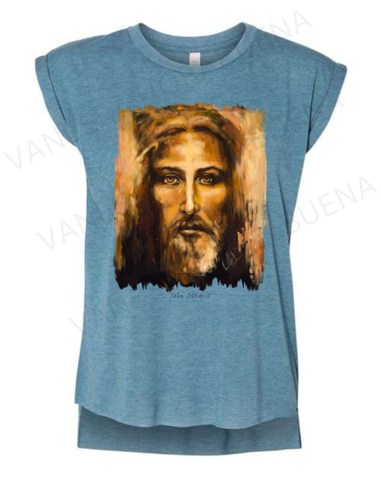 The Shroud of Turin - Resurrection Light - Ladies Rolled Sleeve Muscle T-Shirt Vanessa Horabuena Heather Teal Small