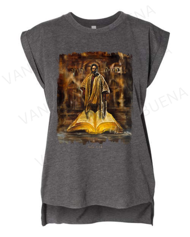 The Living Word - Ladies Rolled Sleeve Muscle T-Shirt Vanessa Horabuena Dark Grey Heather Small