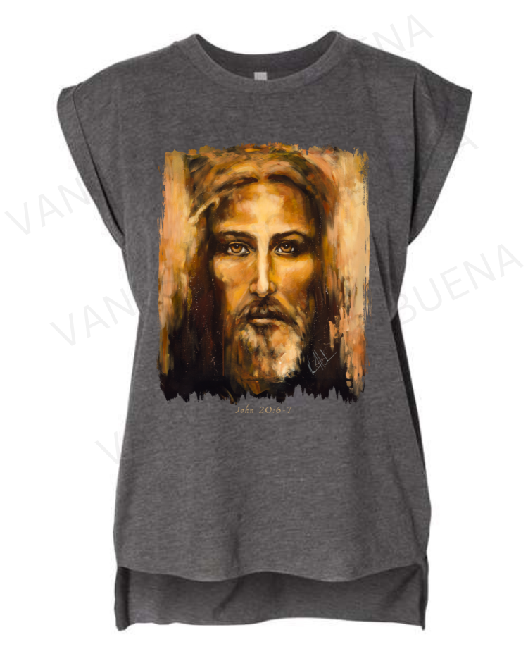 The Shroud of Turin - Resurrection Light - Ladies Rolled Sleeve Muscle T-Shirt Vanessa Horabuena Dark Grey Heather Small