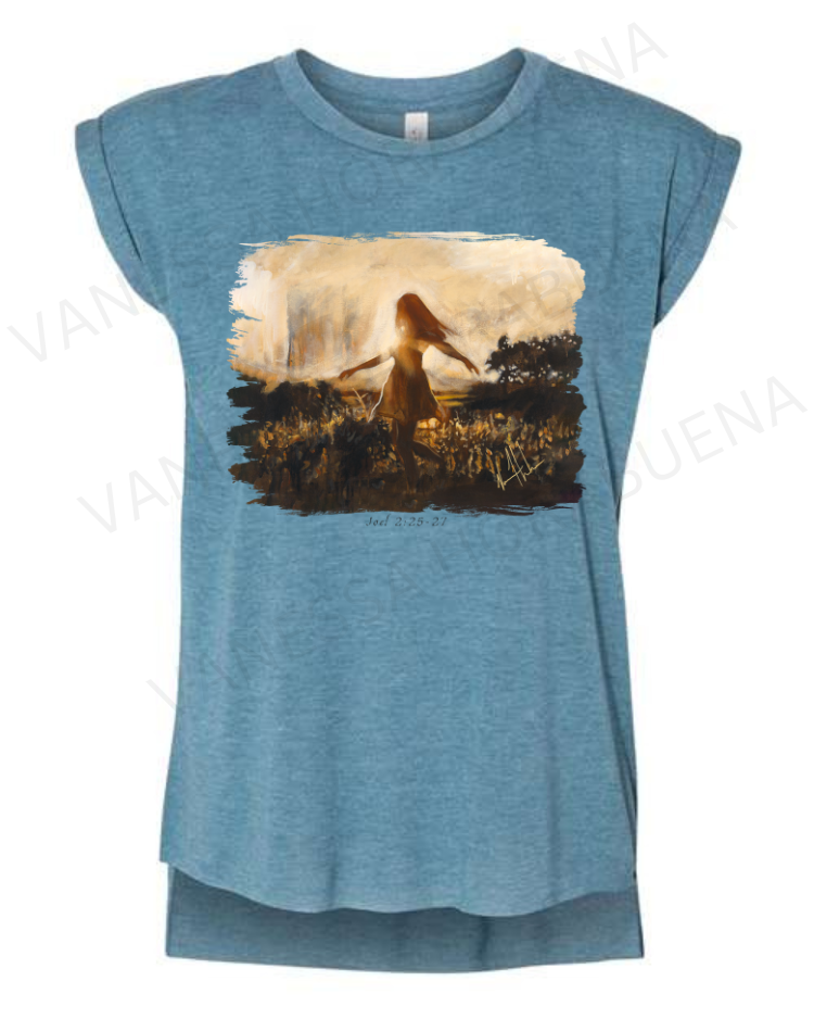 Dare To Dance Again - Ladies Rolled Sleeve Muscle T-Shirt Poly-Blend Vanessa Horabuena Heather Teal Small