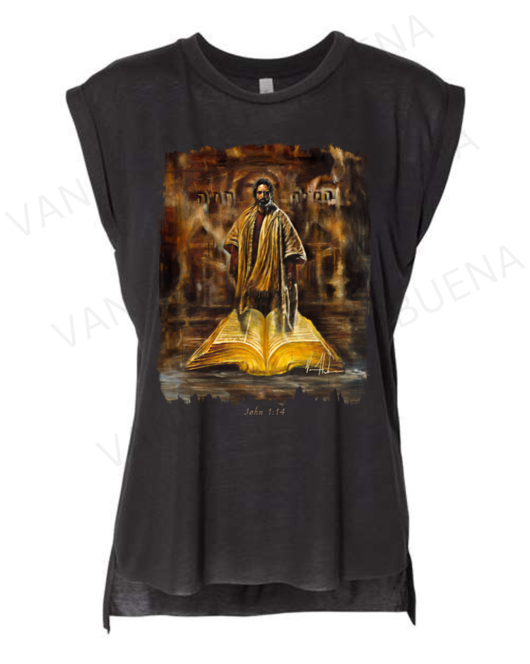 The Living Word - Ladies Rolled Sleeve Muscle T-Shirt Poly-Blend Vanessa Horabuena Black Small