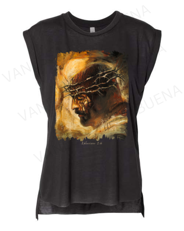 King of Glory - Ladies Rolled Sleeve Muscle T-Shirt Poly-Blend Vanessa Horabuena Black Small