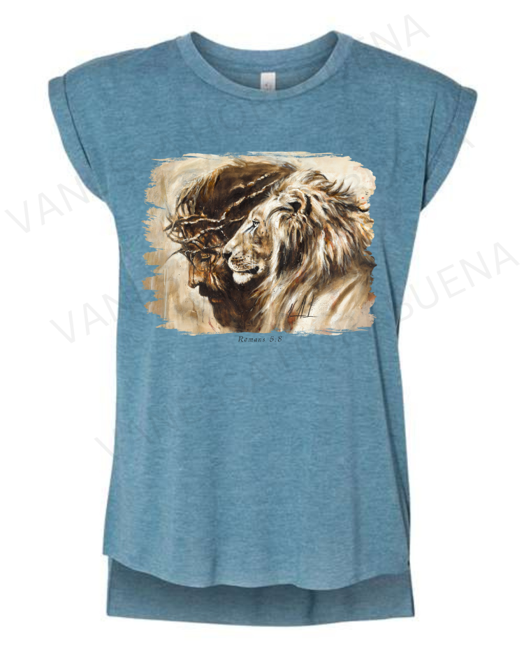 Heaven's Grace - Ladies Rolled Sleeve Muscle T-Shirt Poly-Blend Vanessa Horabuena Heather Teal Small