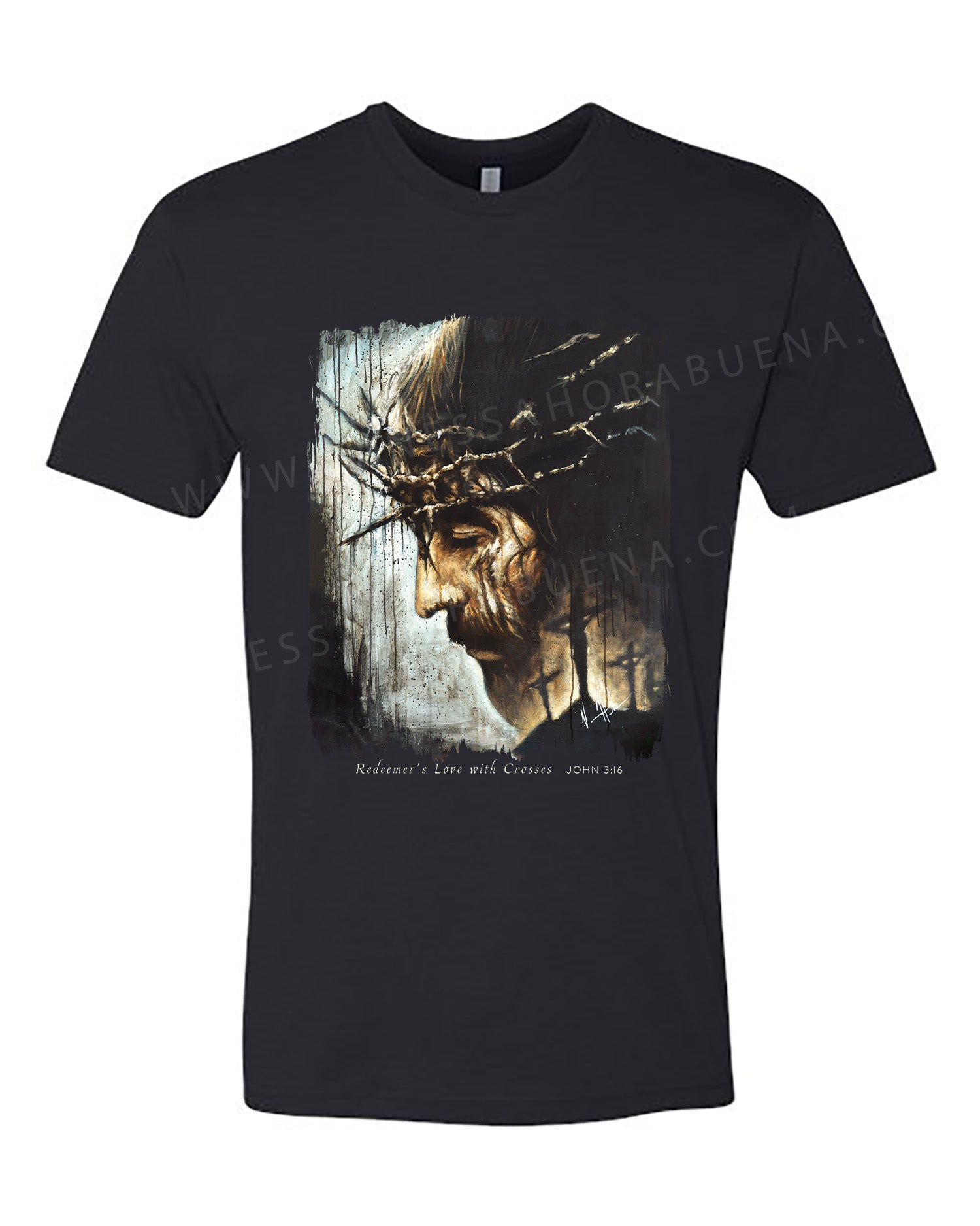 Redeemer's Love with Crosses - Unisex T-Shirt Poly-Blend Vanessa Horabuena Short Sleeve Black Small