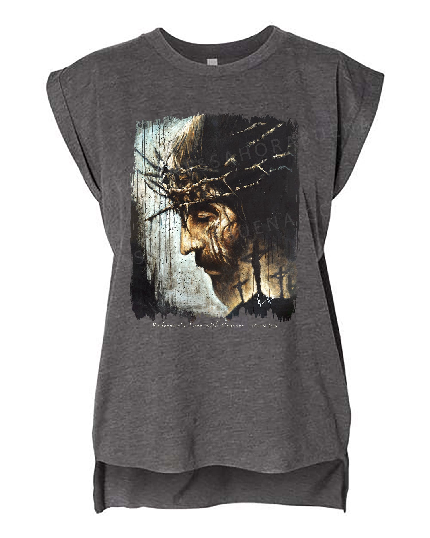 Redeemer's Love with Crosses - Ladies Rolled Sleeve Muscle T-Shirt Poly-Blend Vanessa Horabuena Dark Grey Heather Small