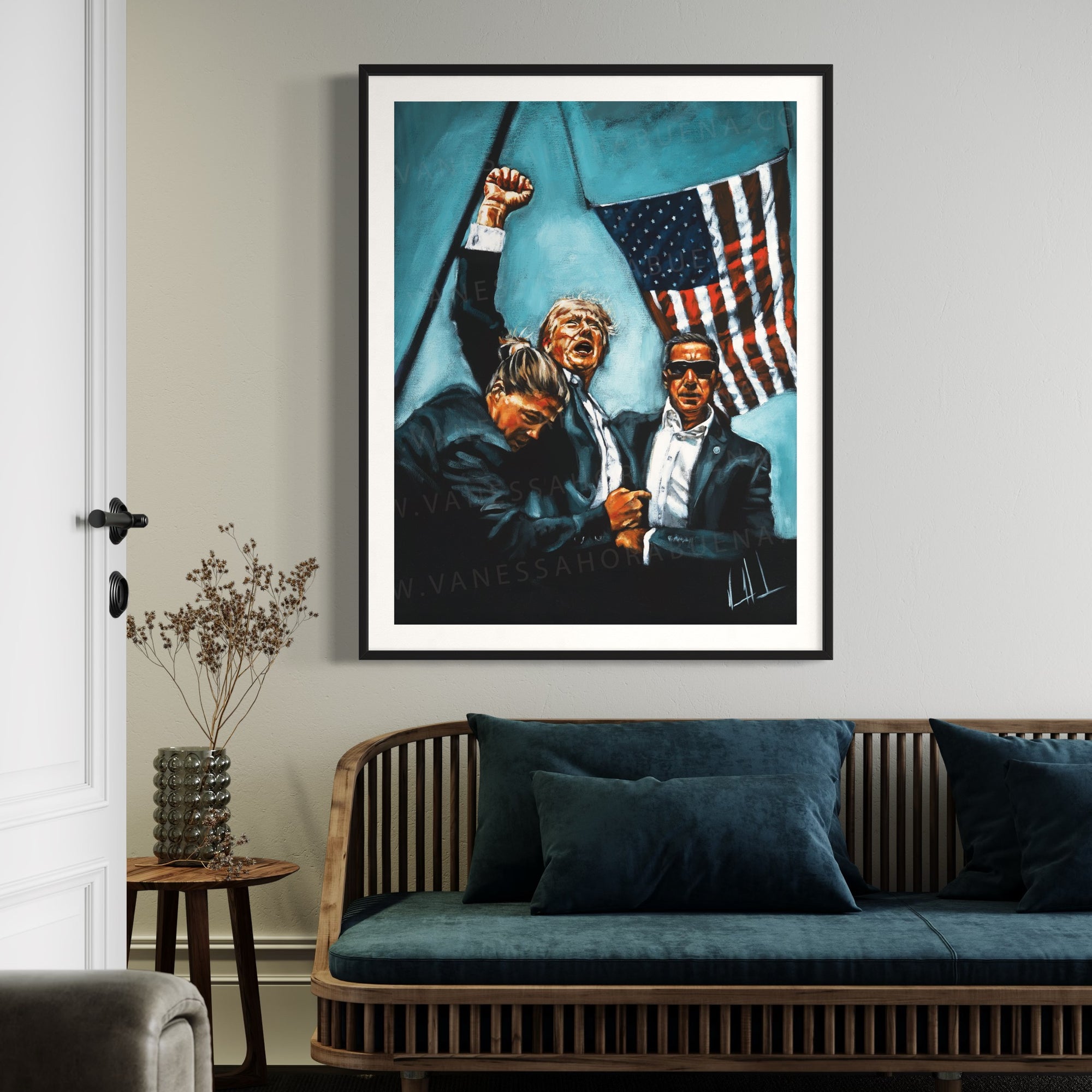 Never Surrender (Blue Background) (Hand Embellishment Canvas Print) Patriotic Art Print Vanessa Horabuena