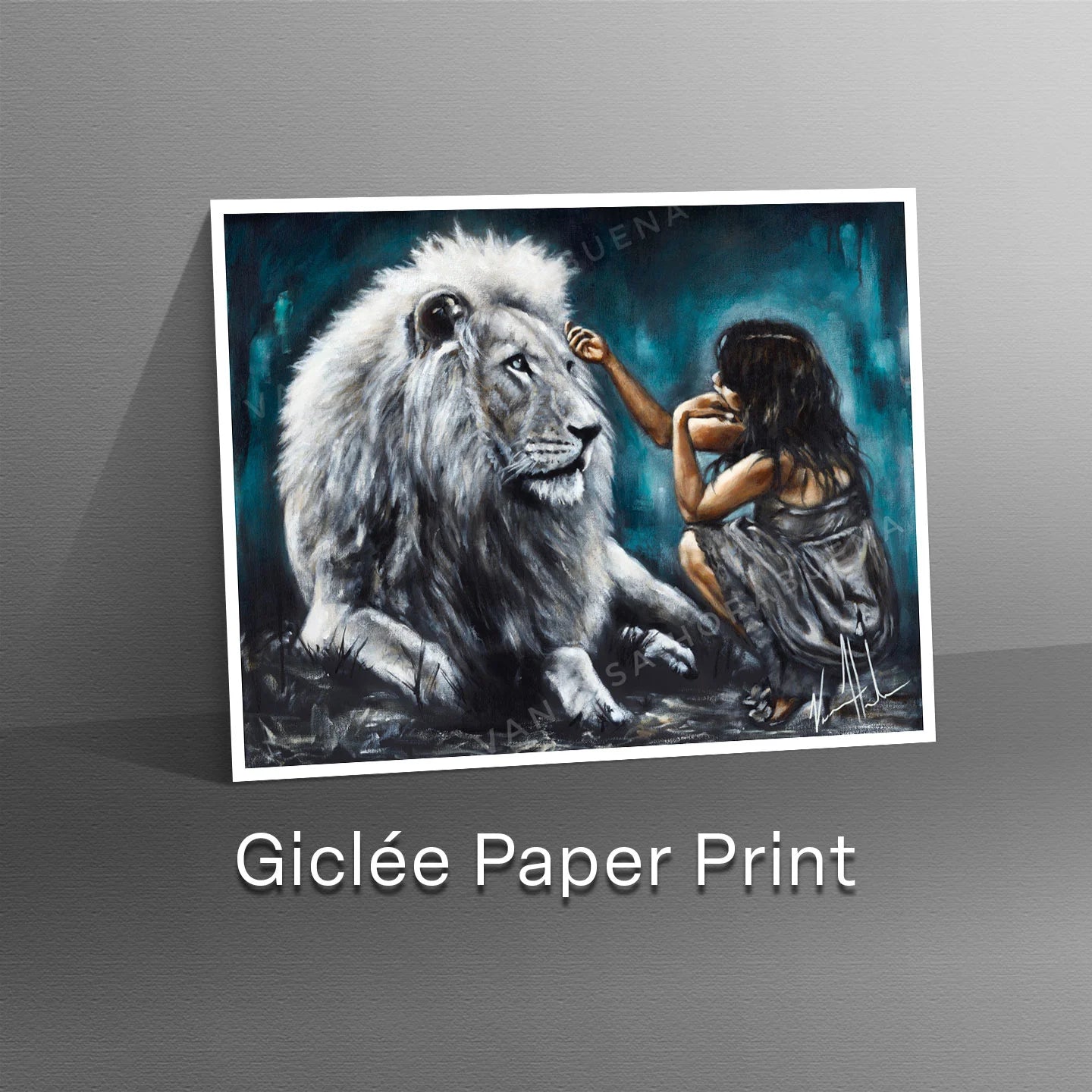 Intimacy with God (Blue Background) Women's Art Print, Lion Art Print Vanessa Horabuena