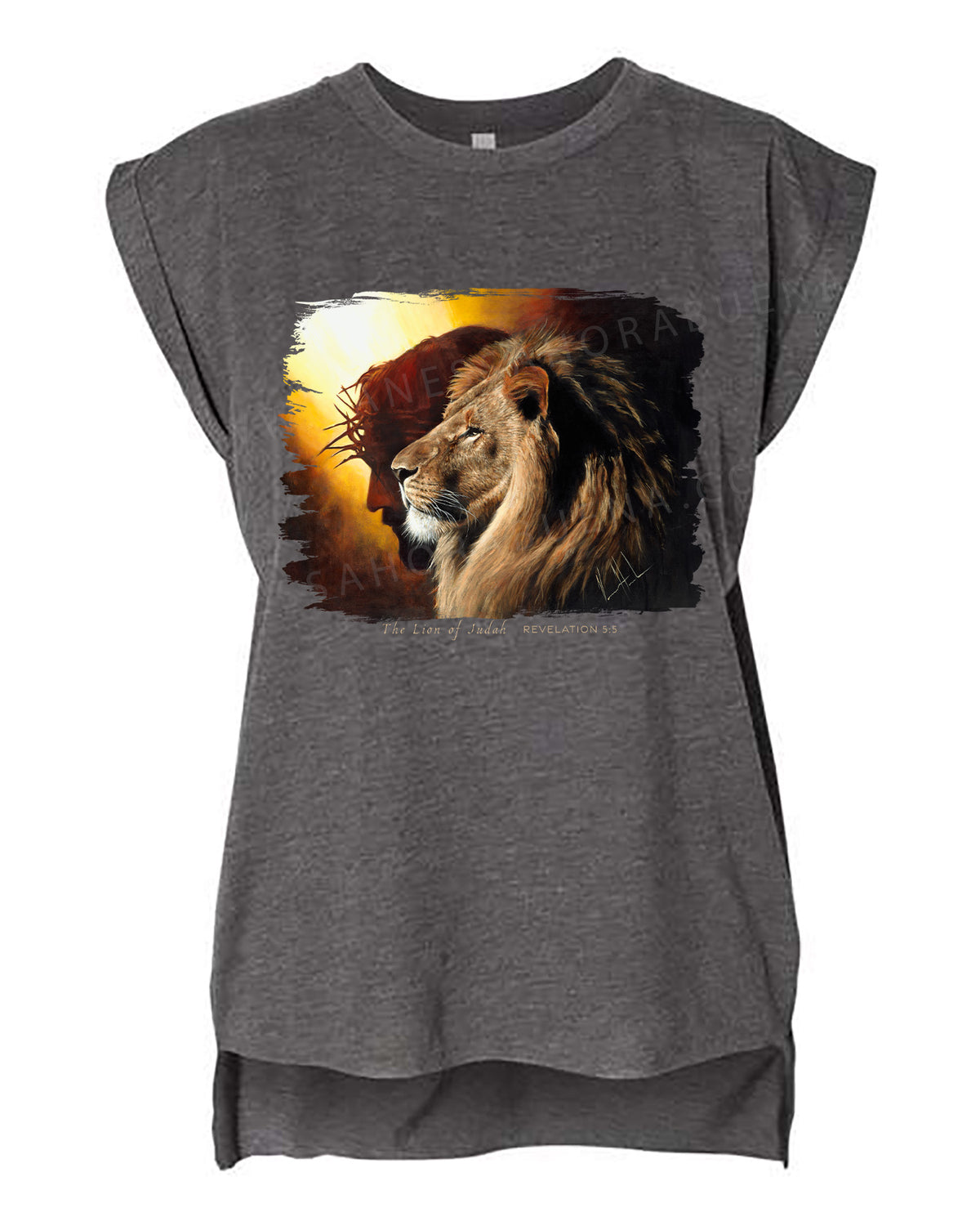 The Lion of Judah - Ladies Rolled Sleeve Muscle T-Shirt Vanessa Horabuena Dark Grey Heather Small