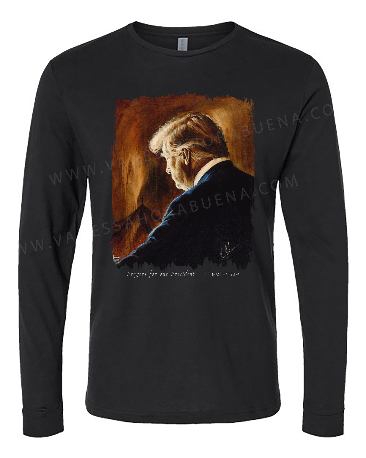 Prayers for Our President (For Such a Time as This) - Unisex T-Shirt Poly-Blend Vanessa Horabuena Long Sleeve Black Small